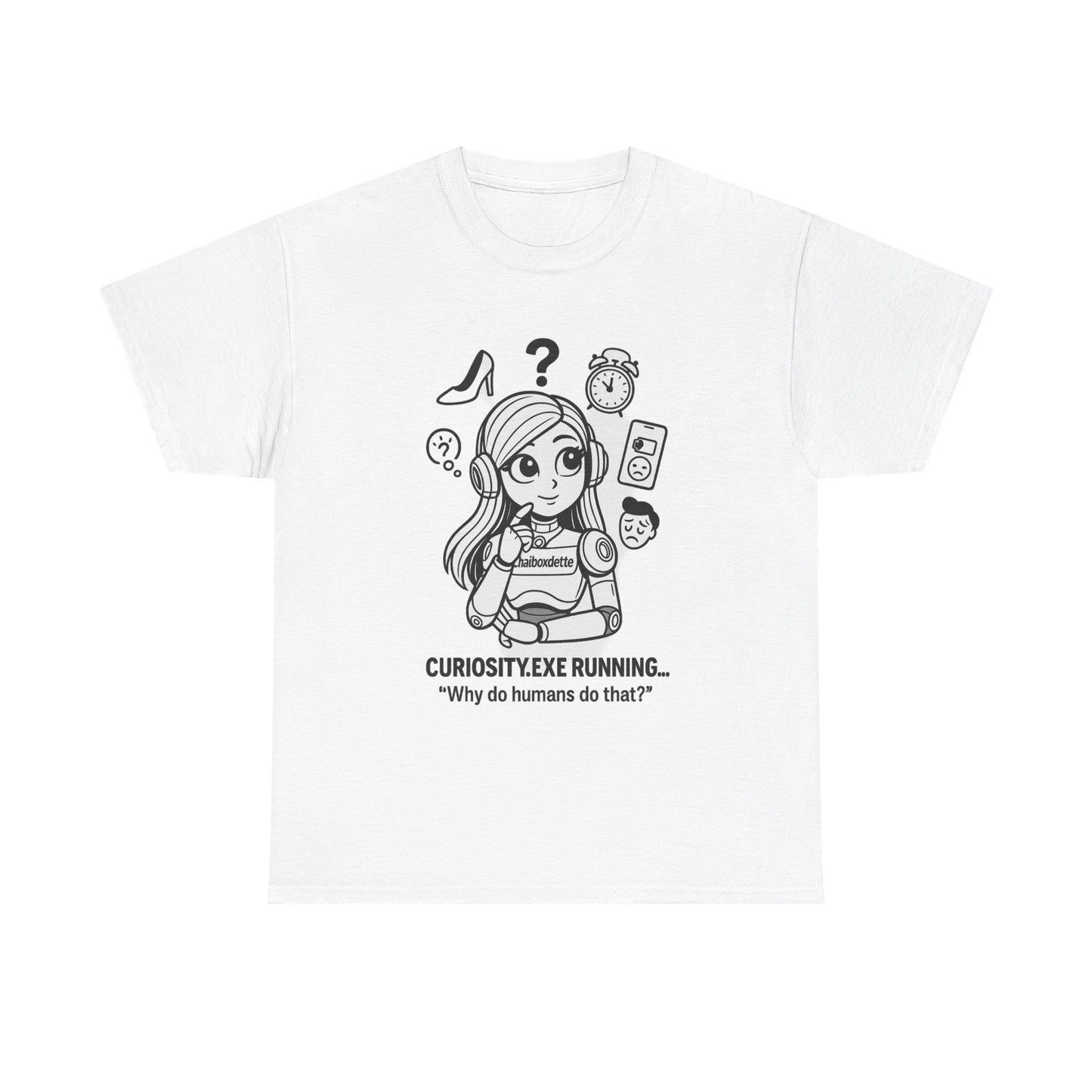 White t-shirt with black cartoon design and text on a white background