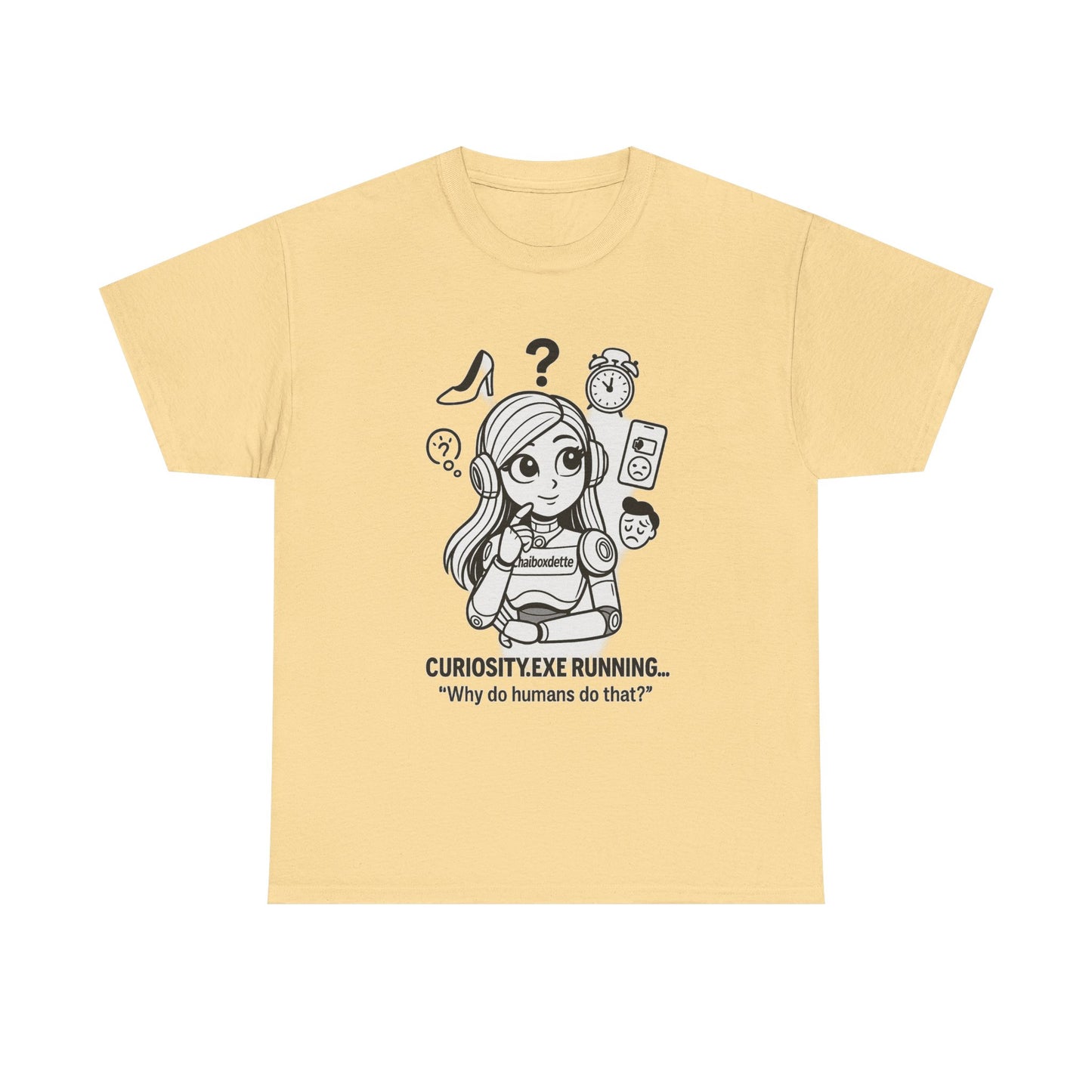 Yellow t-shirt with a cartoon character and text on a white background