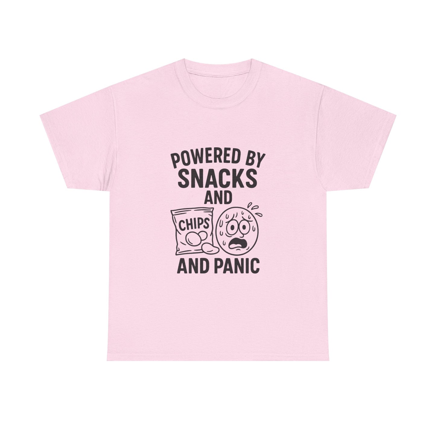 Pink t-shirt with text 'Powered by Snacks and Chips and Panic' on a white background