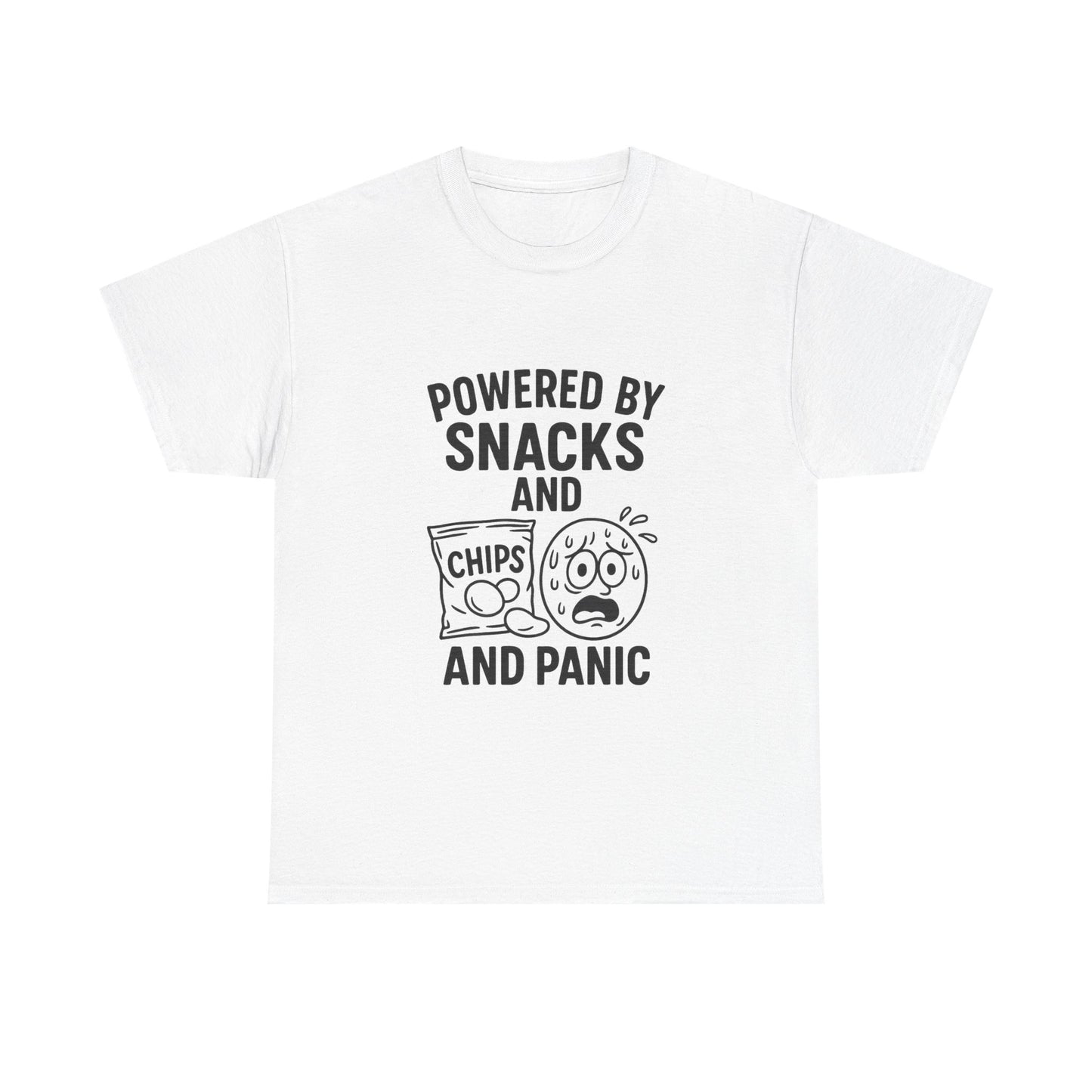 White t-shirt with black text and graphics on a white background