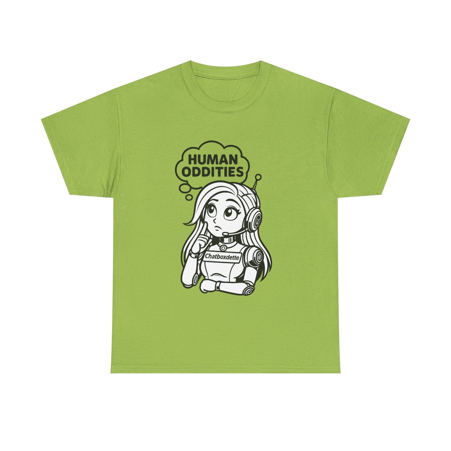 Green t-shirt with a graphic of a character wearing headphones and a thought bubble with 'Human Oddities' text on a white background.