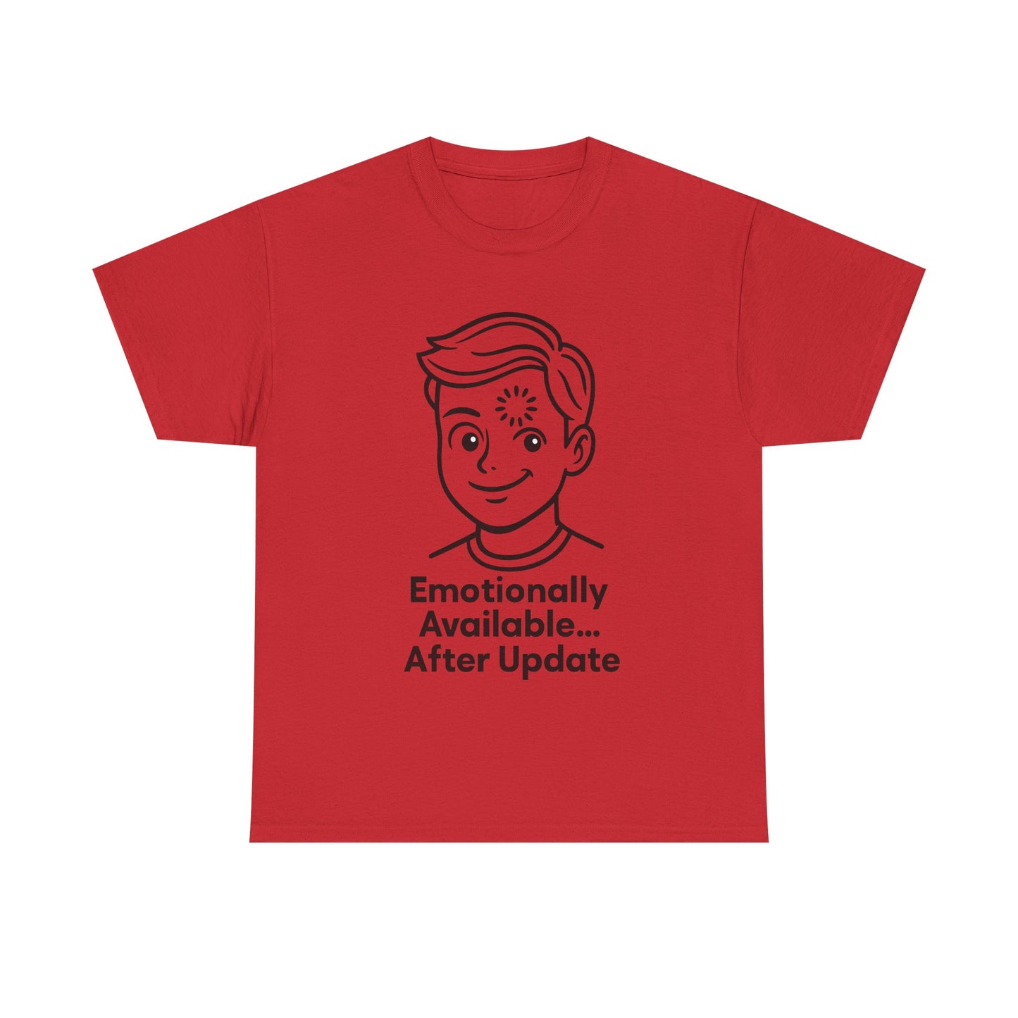 Red t-shirt with a graphic of a smiling face and text on a white background