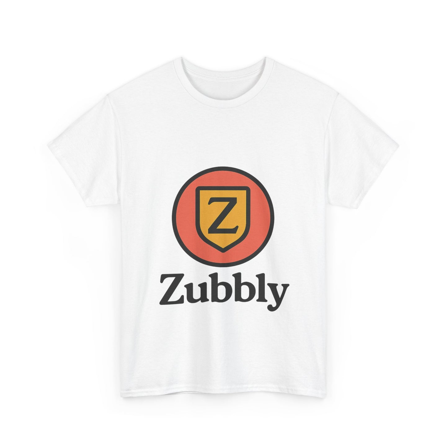White t-shirt with Zubbly logo on a white background