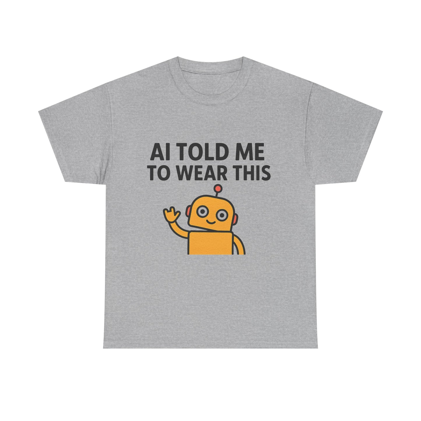 Gray t-shirt with a robot graphic and text on a white background