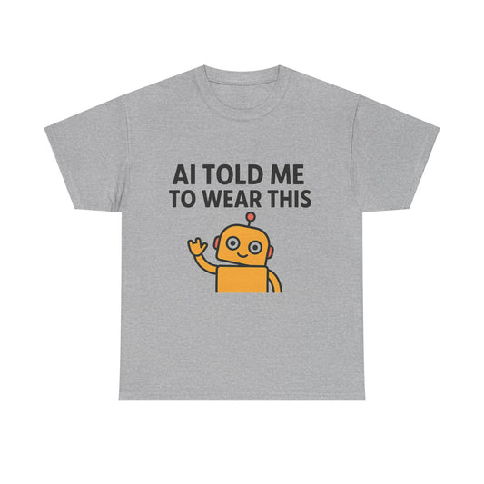 Gray t-shirt with a robot graphic and text on a white background