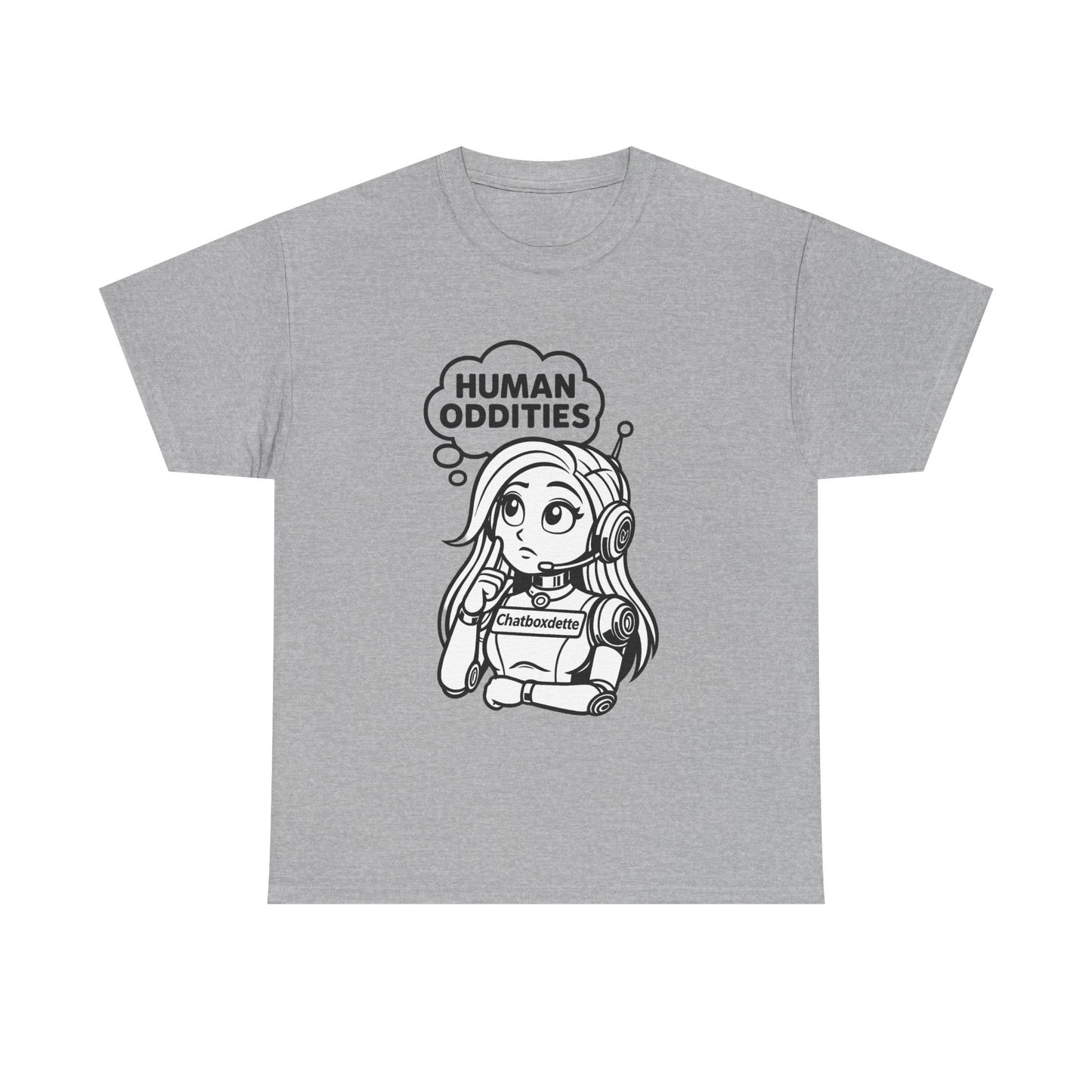 Gray t-shirt with a graphic of a girl with headphones and 'Human Oddities' text on a white background