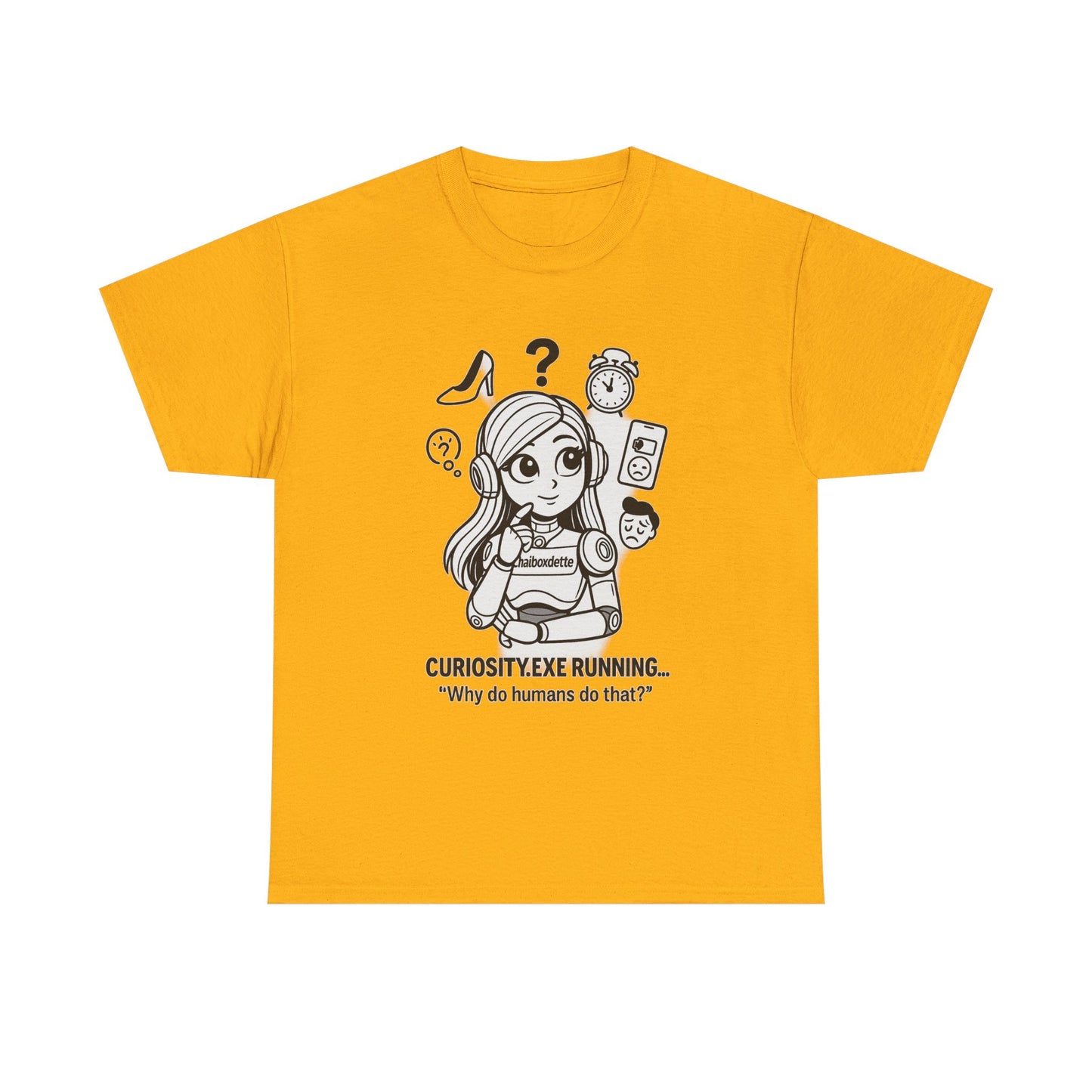 Yellow t-shirt with a cartoon character and text on a white background
