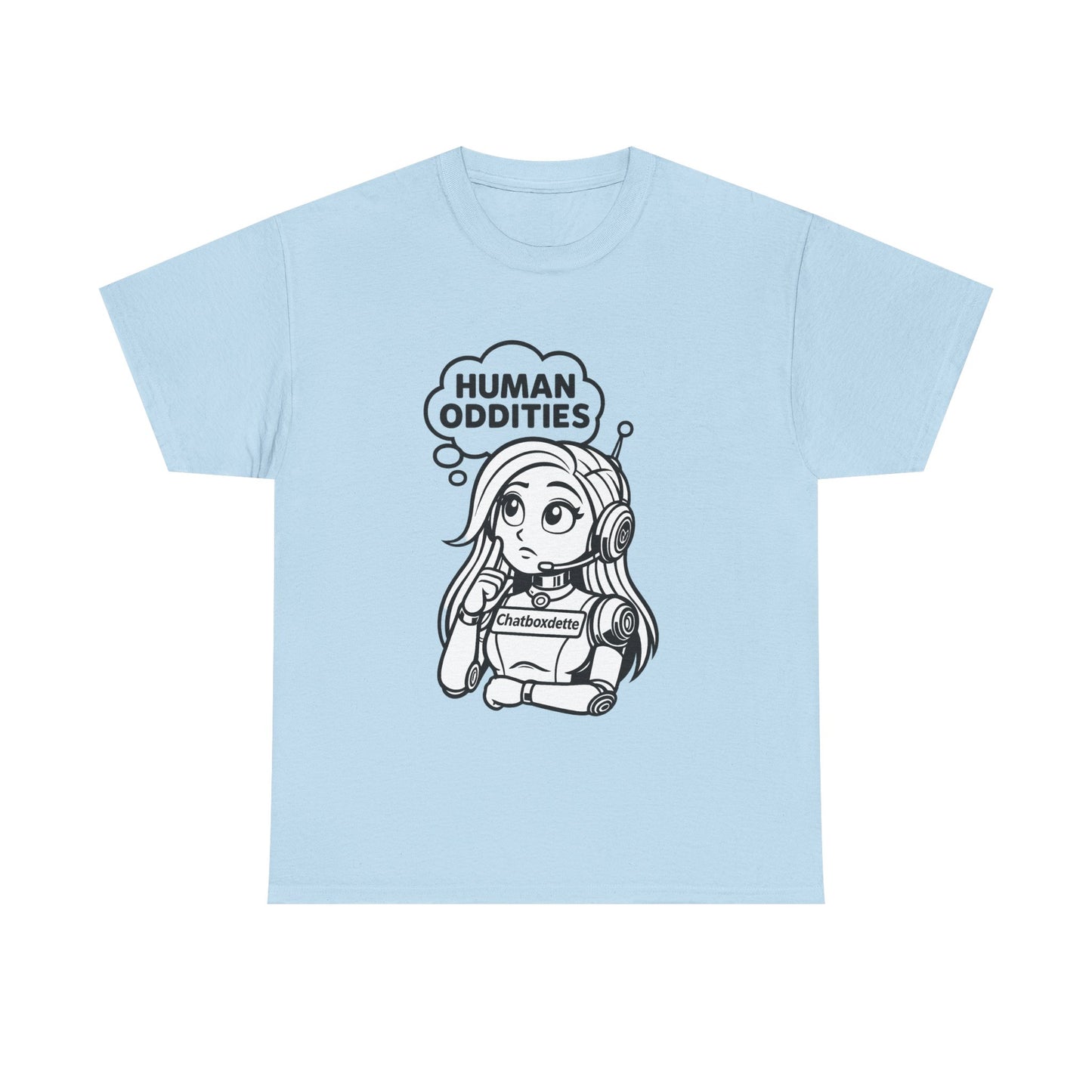 Light blue t-shirt with a cartoon character and 'Human Oddities' text on a white background