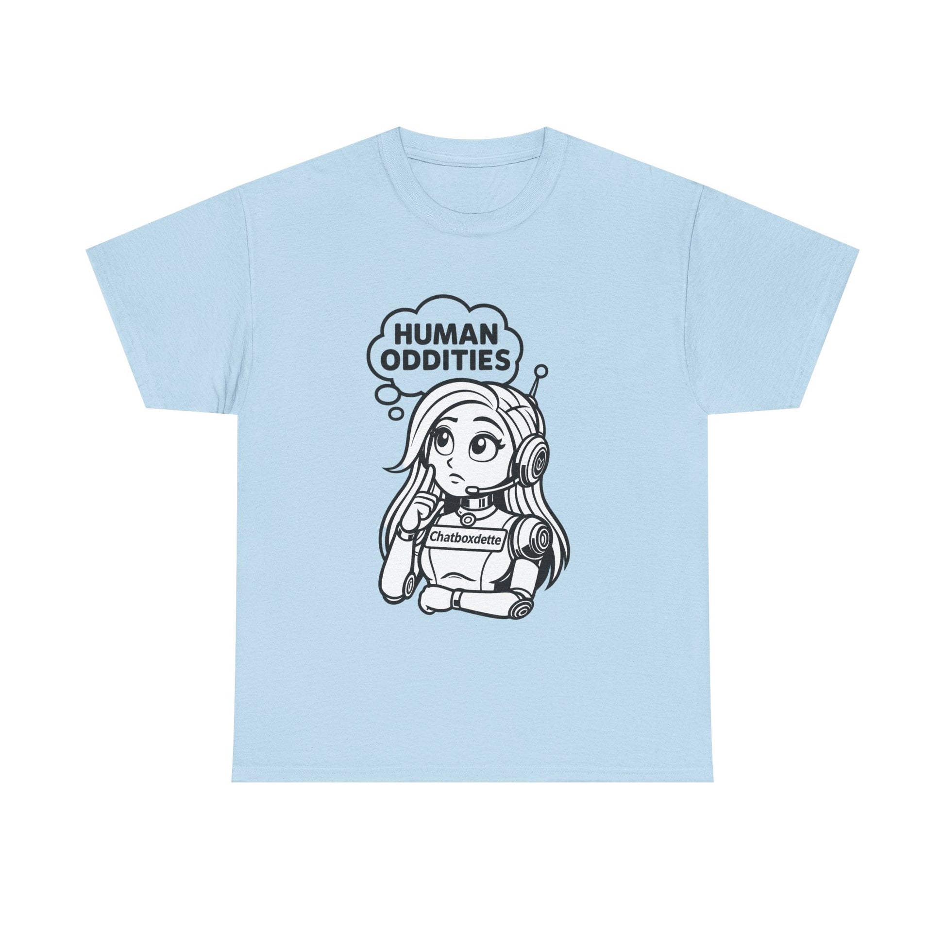 Light blue t-shirt with a cartoon character and 'Human Oddities' text on a white background