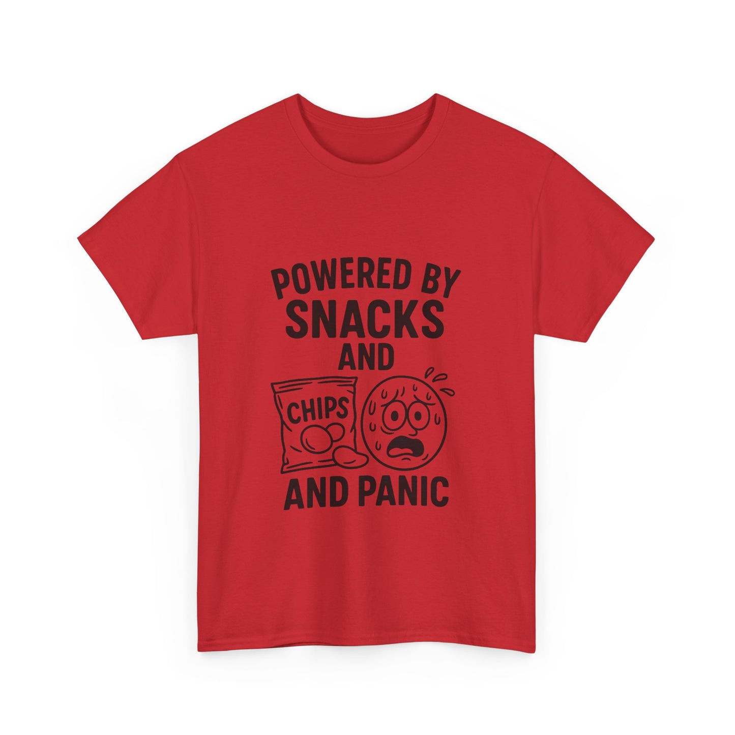 Red t-shirt with black text and graphics on a white background