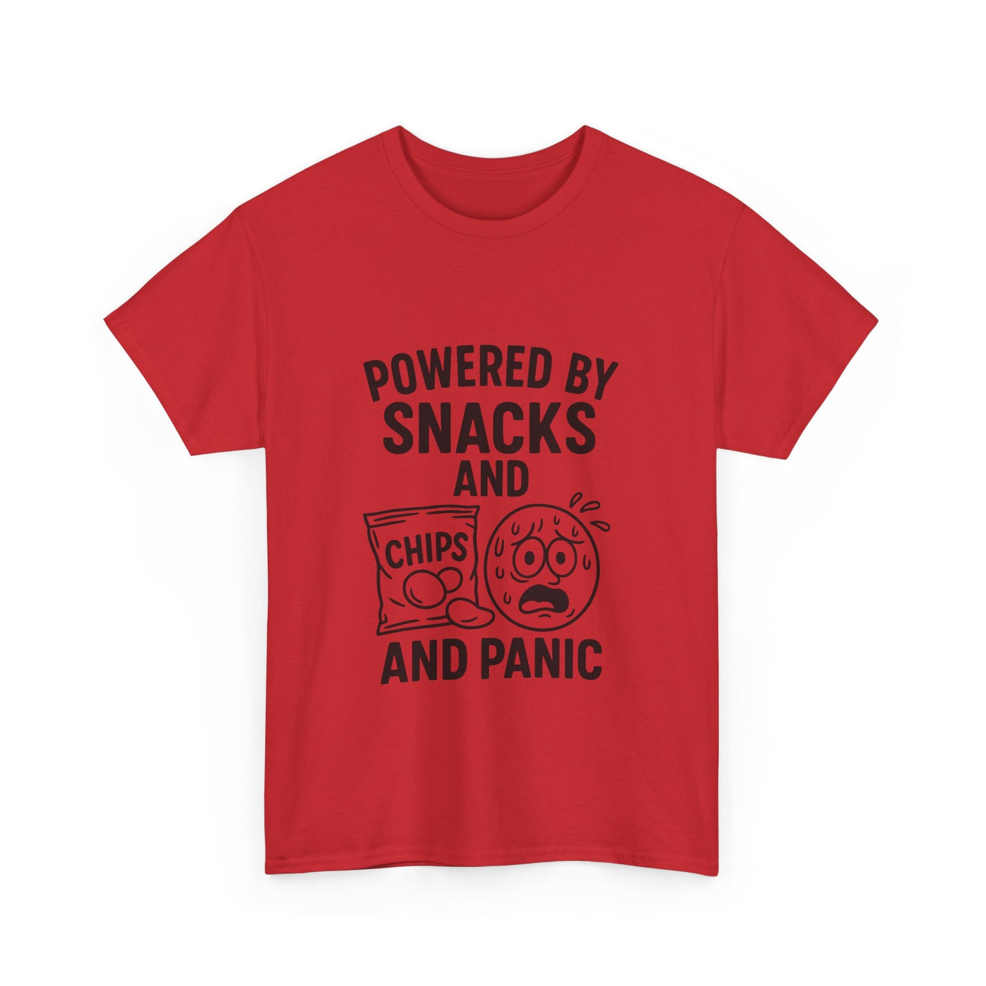 Red t-shirt with black text and graphics on a white background