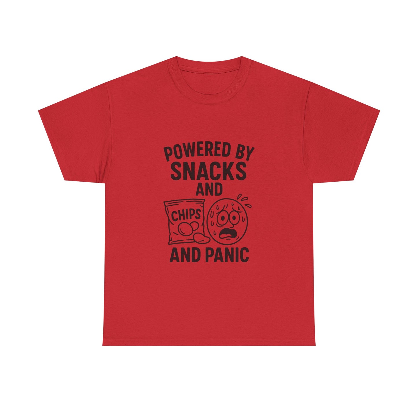 Red t-shirt with black text and graphics on a white background