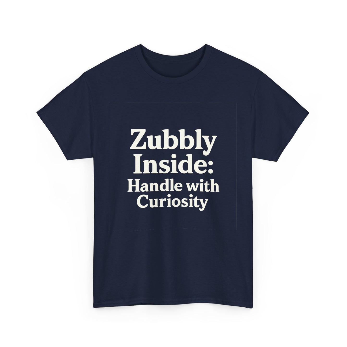 Navy blue t-shirt with white text on a white background