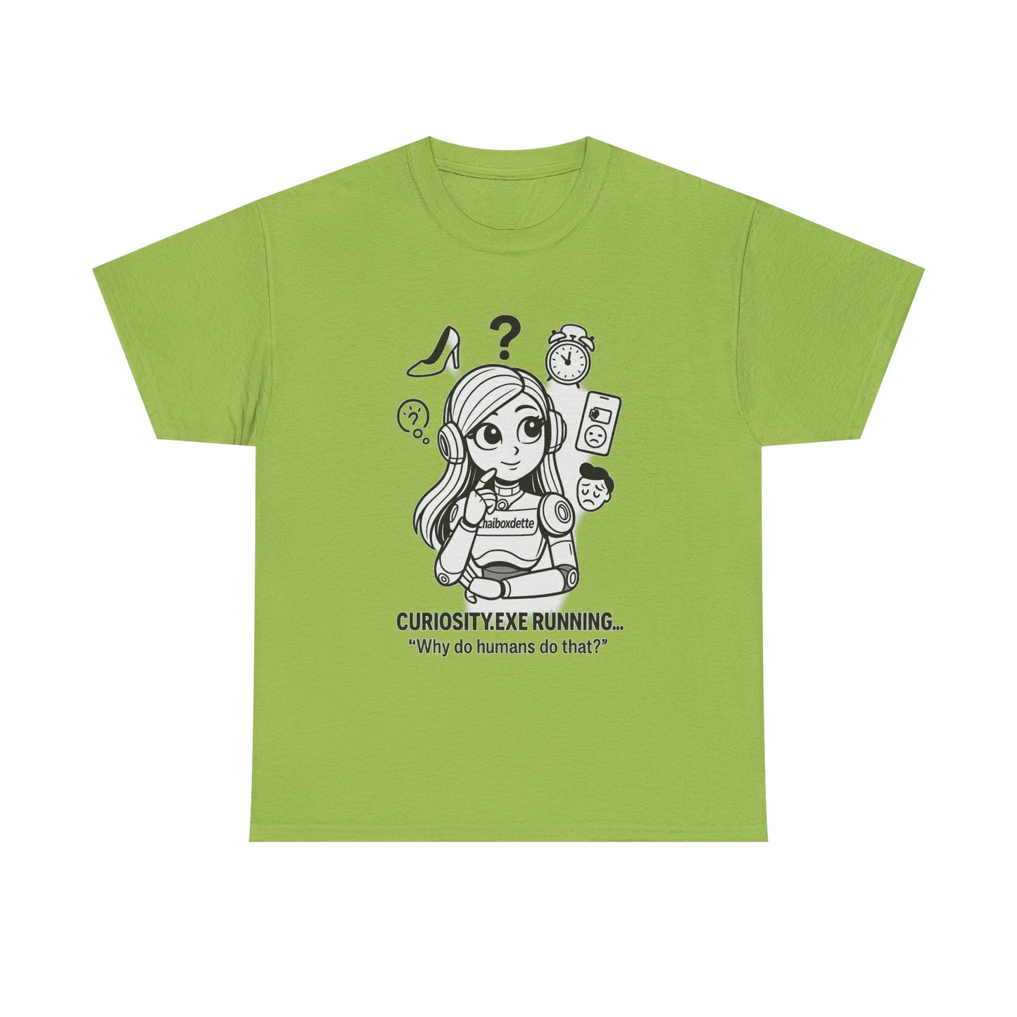 Green t-shirt with a cartoon character and text on a white background