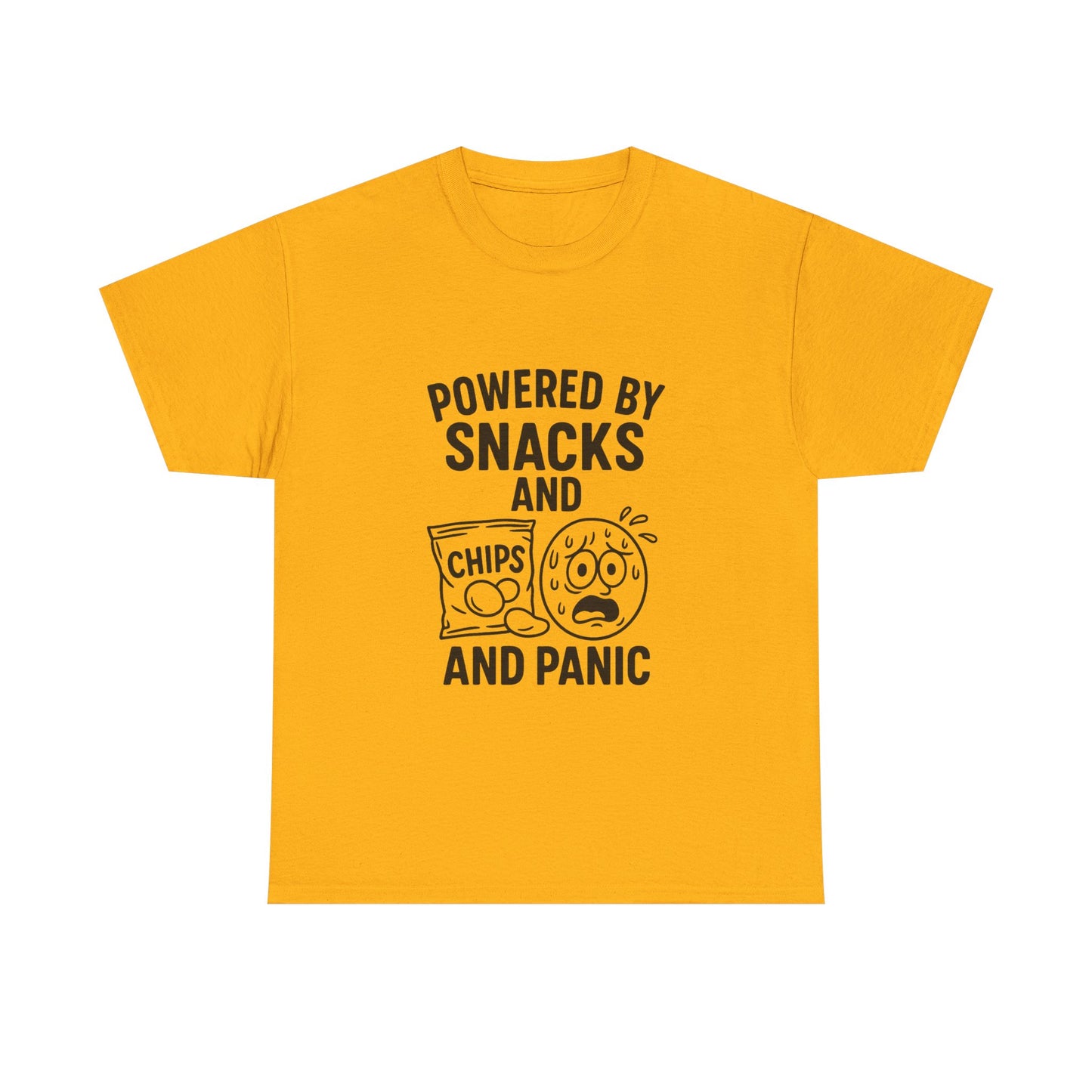Yellow t-shirt with black text and graphics on a white background