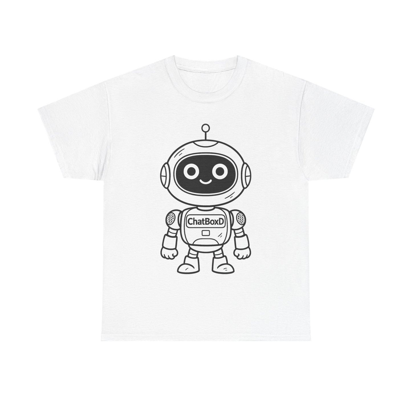 White t-shirt with a robot graphic and 'ChatBoxD' text on a white background