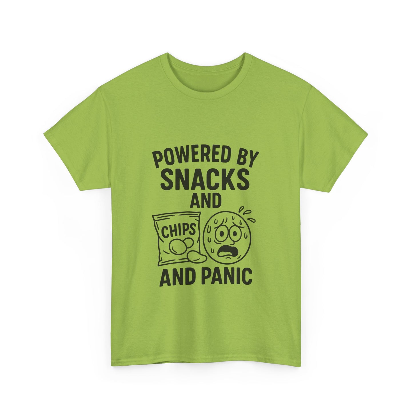 Green t-shirt with black text and graphics on a white background
