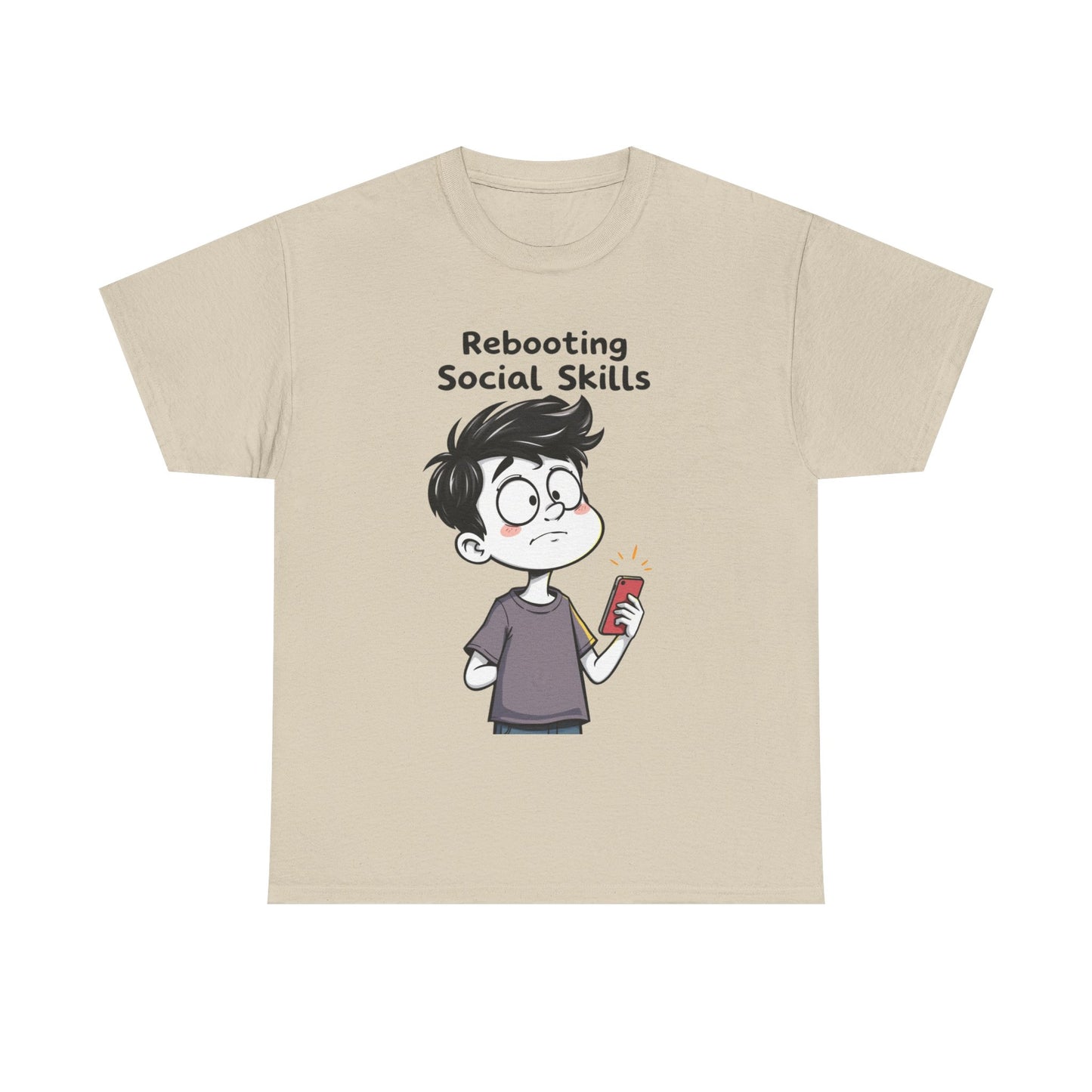 Funny AI-themed beige t-shirt with cartoon character and ‘Rebooting Social Skills’ text on white background