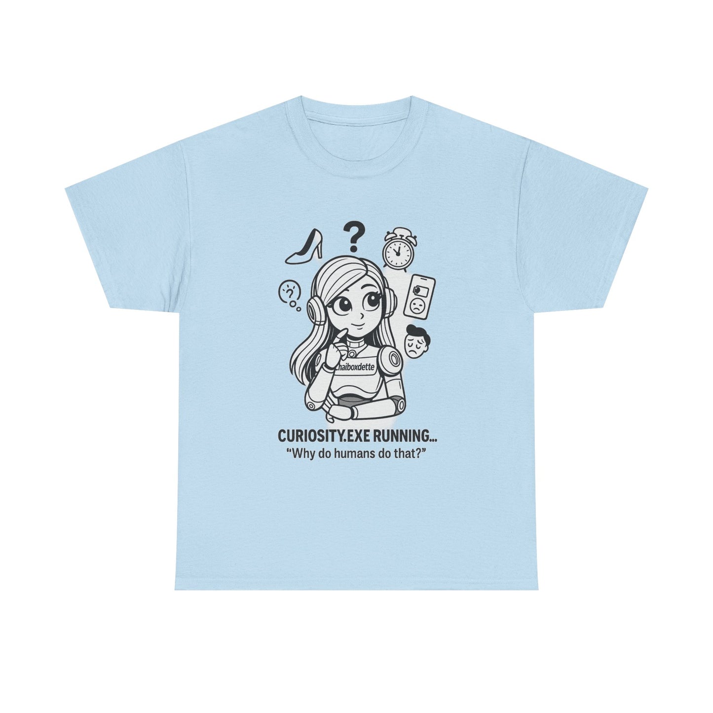 Light blue t-shirt with a cartoon character and text on a white background