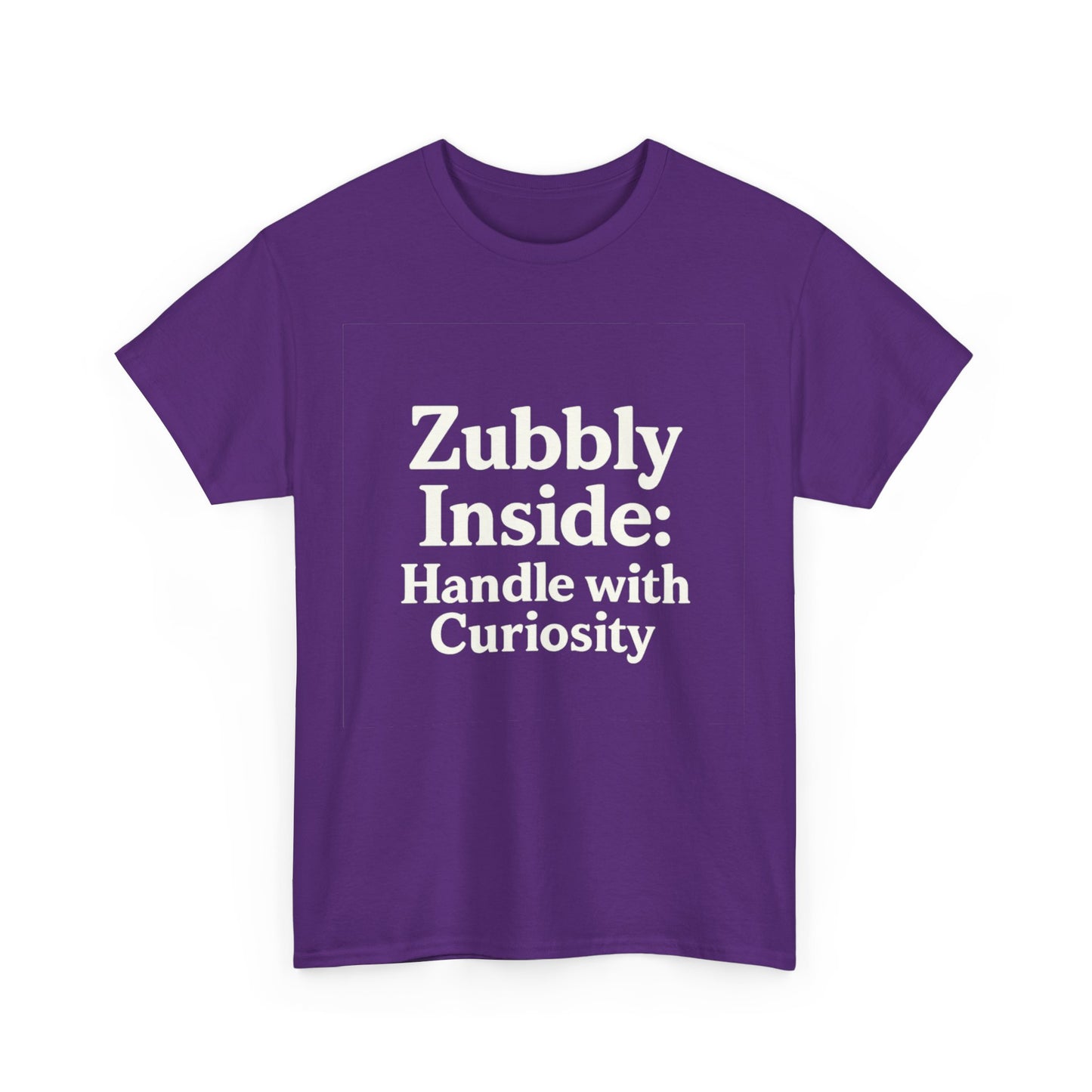 Purple t-shirt with white text on a white background