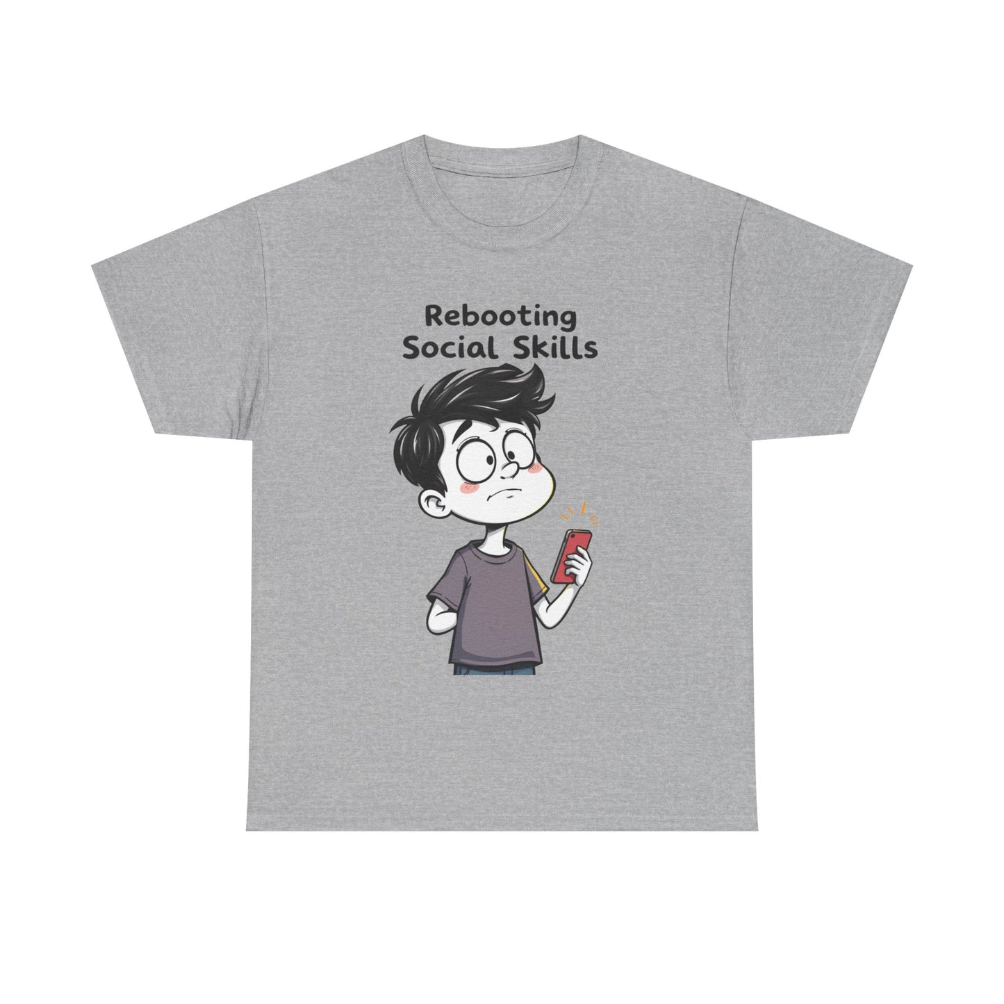 Funny AI-themed grey t-shirt with cartoon character and ‘Rebooting Social Skills’ text on white background