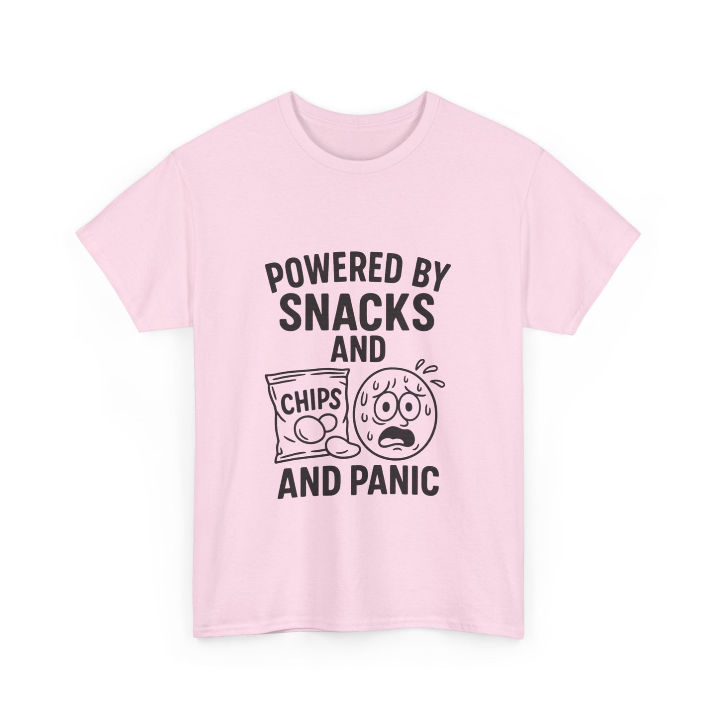 Pink t-shirt with black text and graphics on a white background