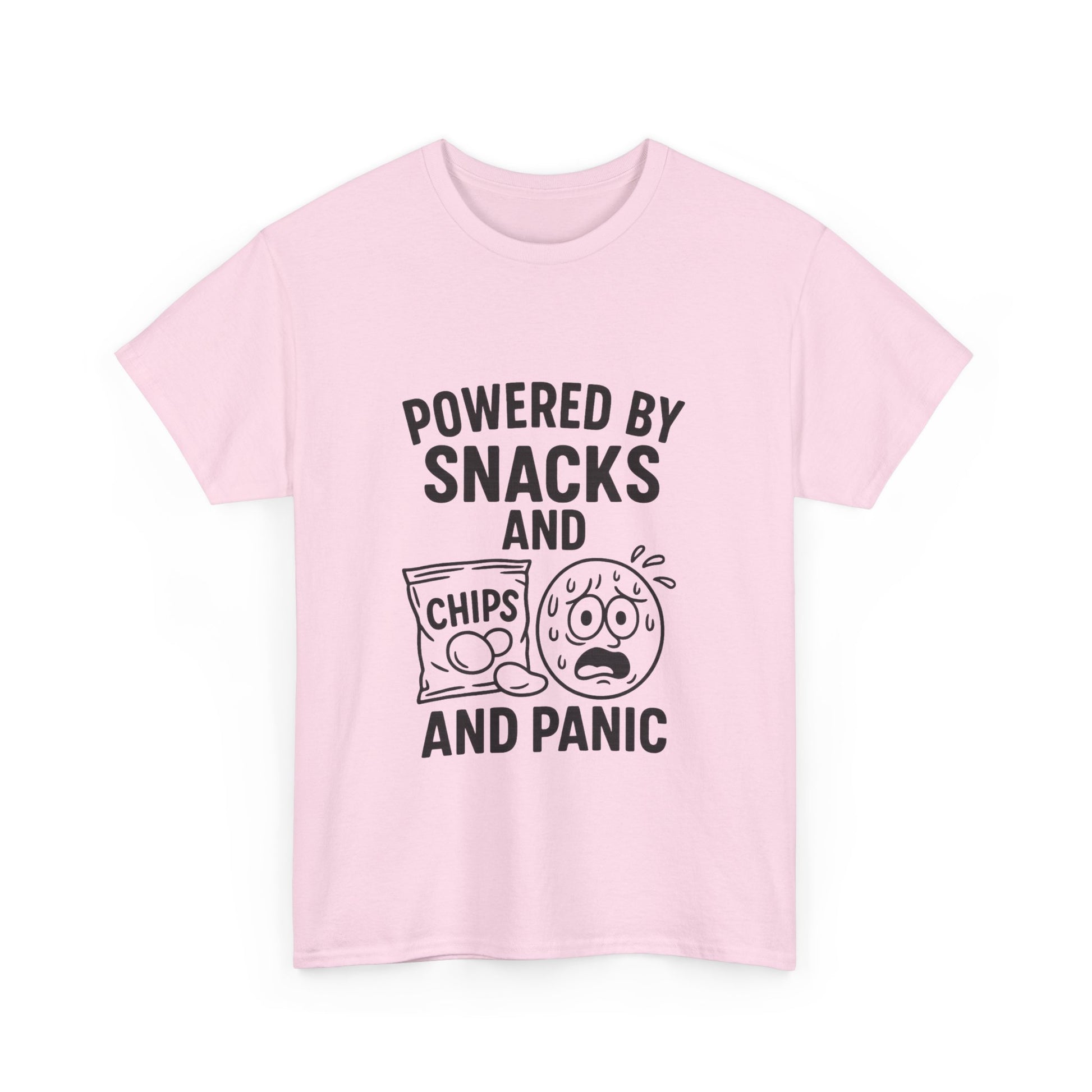 Pink t-shirt with black text and graphics on a white background