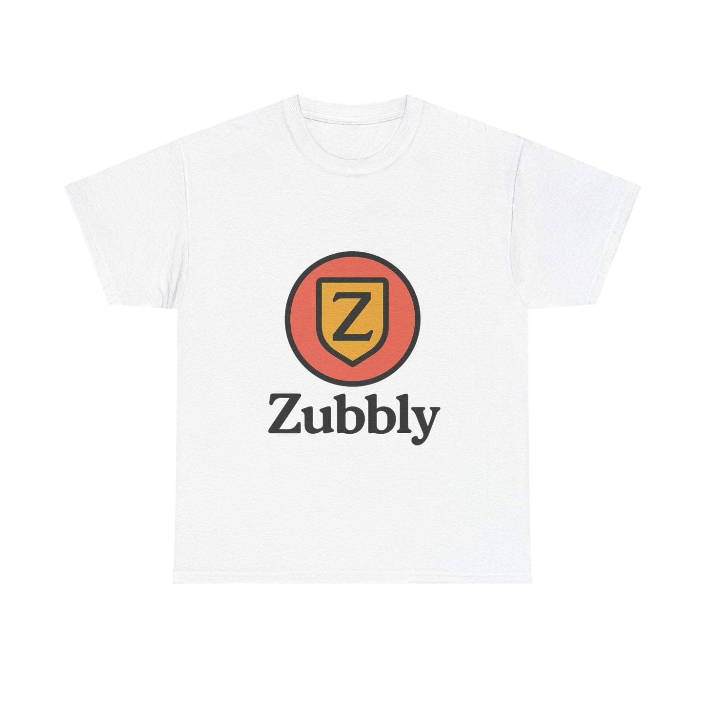 White t-shirt with Zubbly logo on a white background
