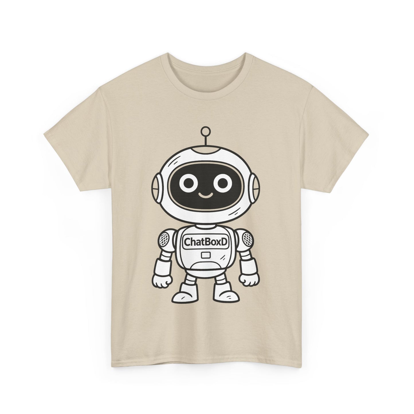 Beige t-shirt with a cartoon robot design on a white background