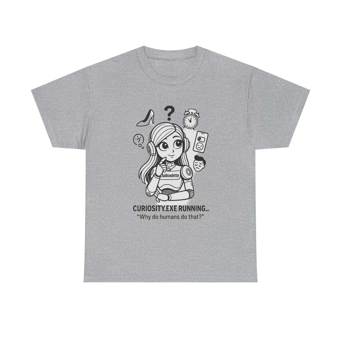 Gray t-shirt with a cartoon character and text on a white background