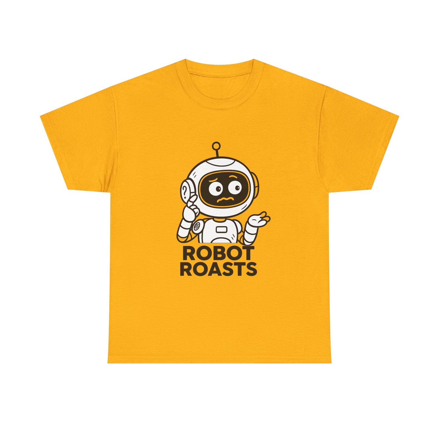 Yellow t-shirt with a robot graphic and 'Robot Roasts' text on a white background