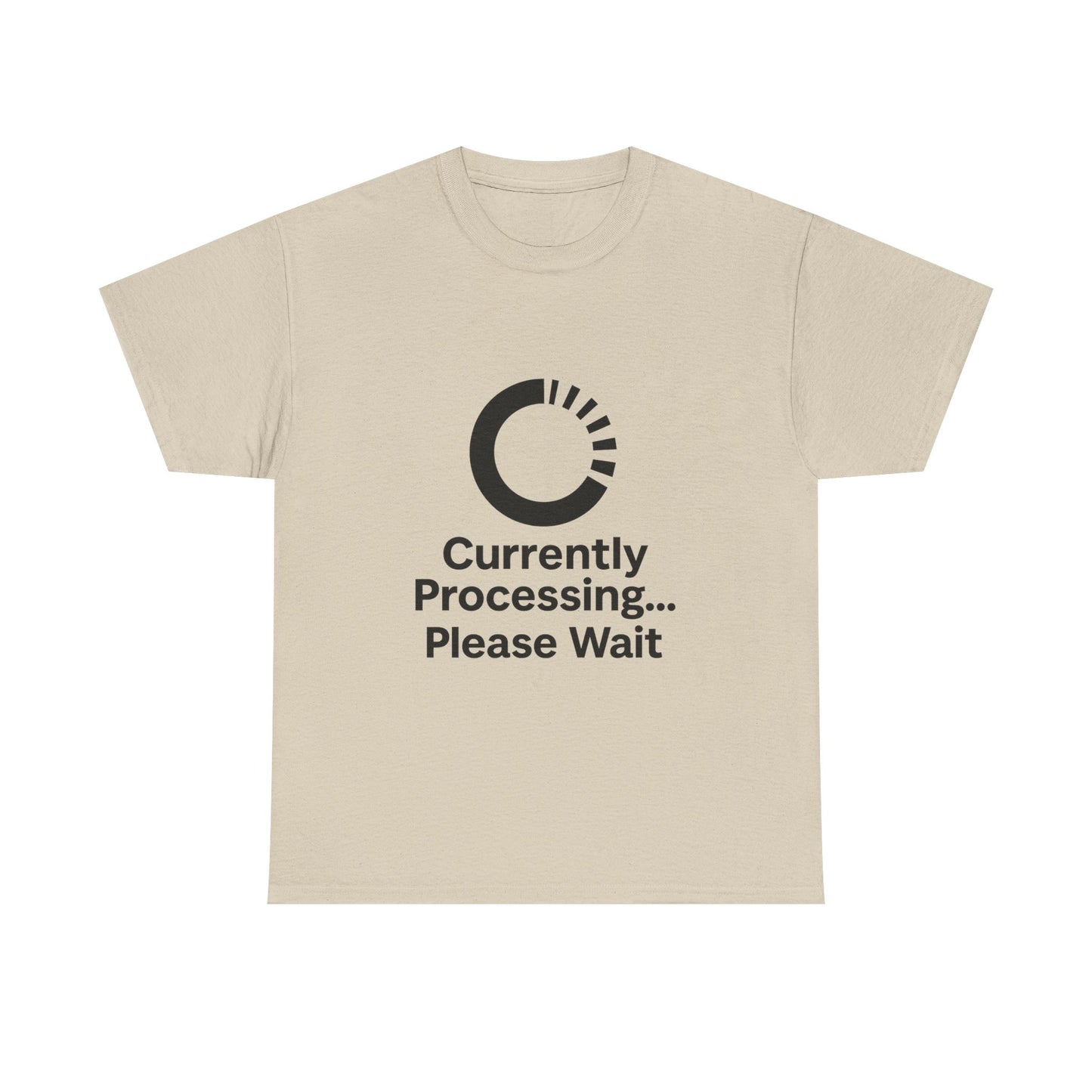 Beige t-shirt with black text and logo on a white background