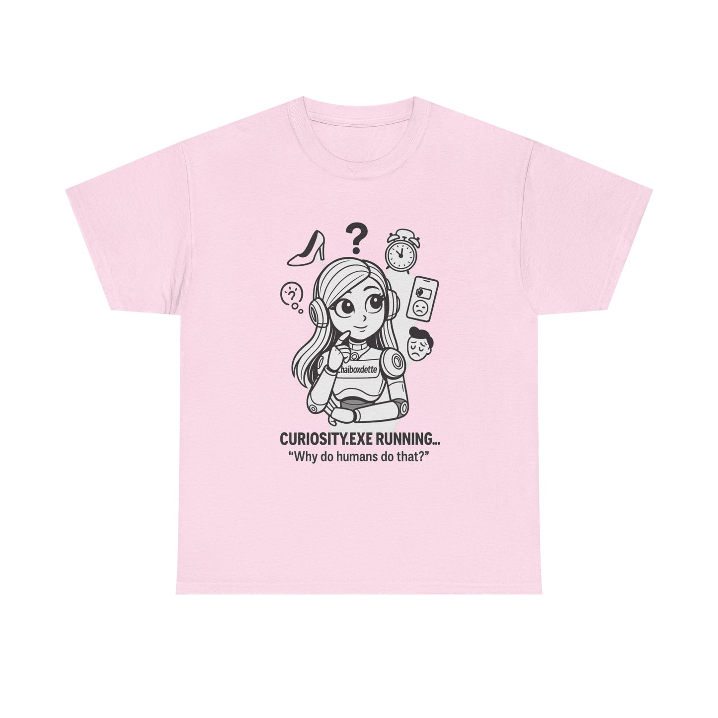 Pink t-shirt with a cartoon character and text on a white background