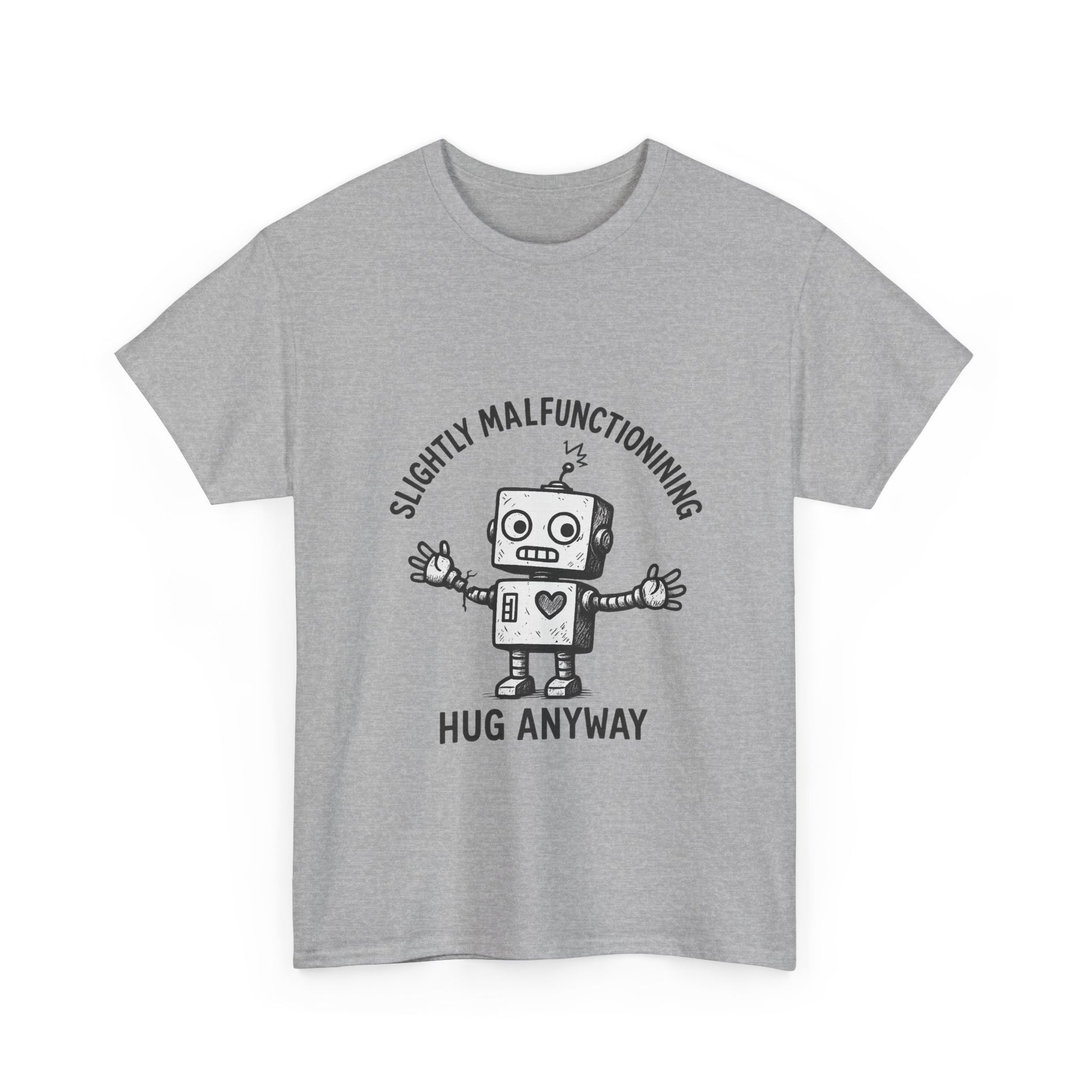 Gray t-shirt with a robot graphic and text on a white background