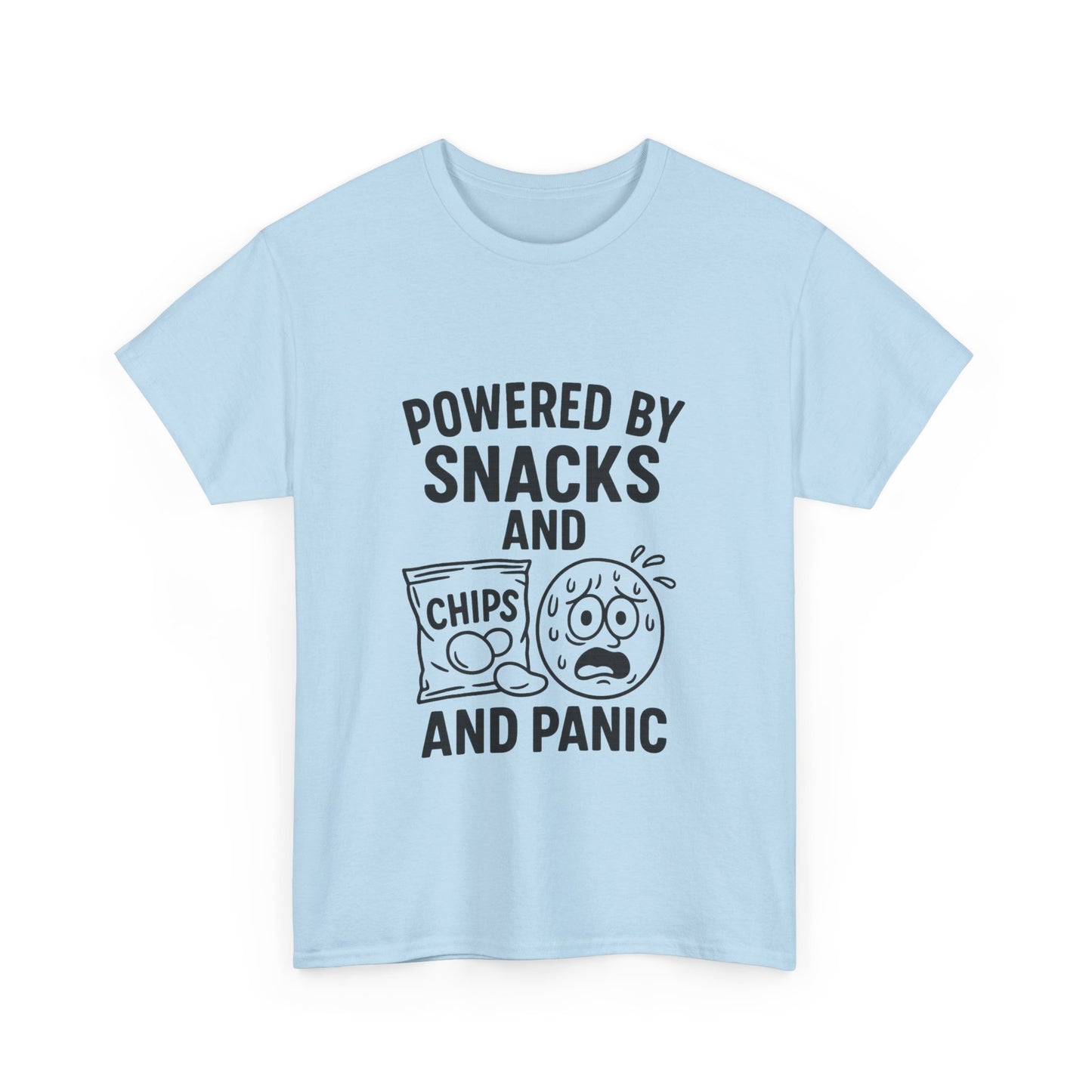 Light blue t-shirt with black text and graphics on a white background
