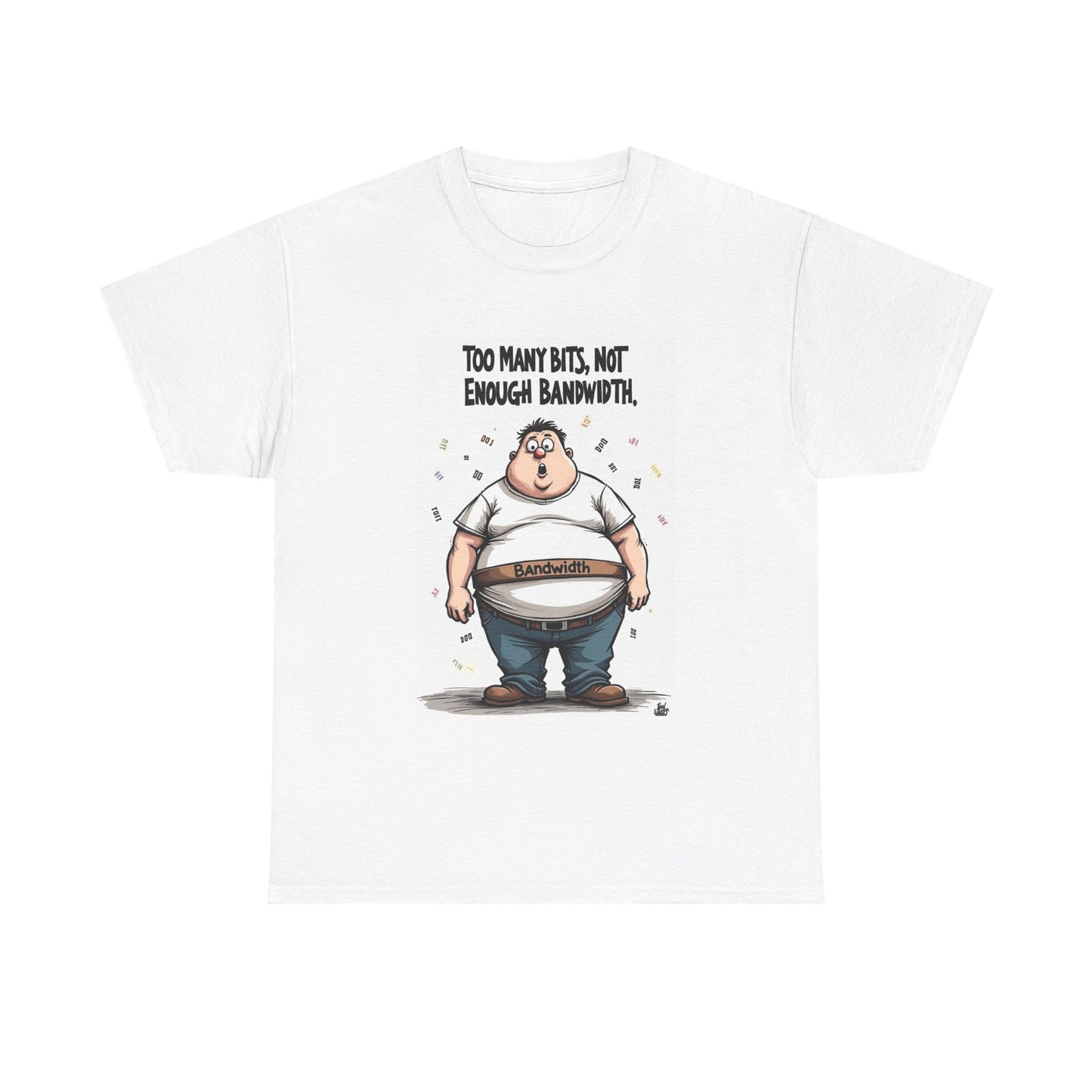 Funny AI-themed t-shirt with cartoon character and text on white background