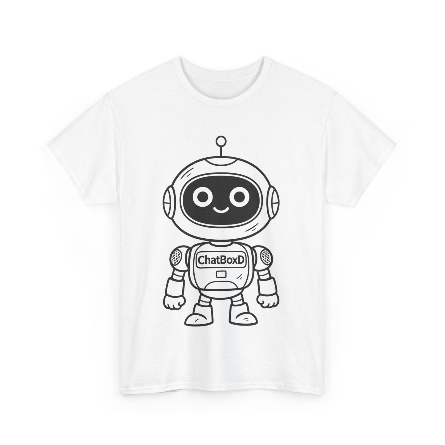 White t-shirt with a black robot graphic and 'ChatBox' text on a white background