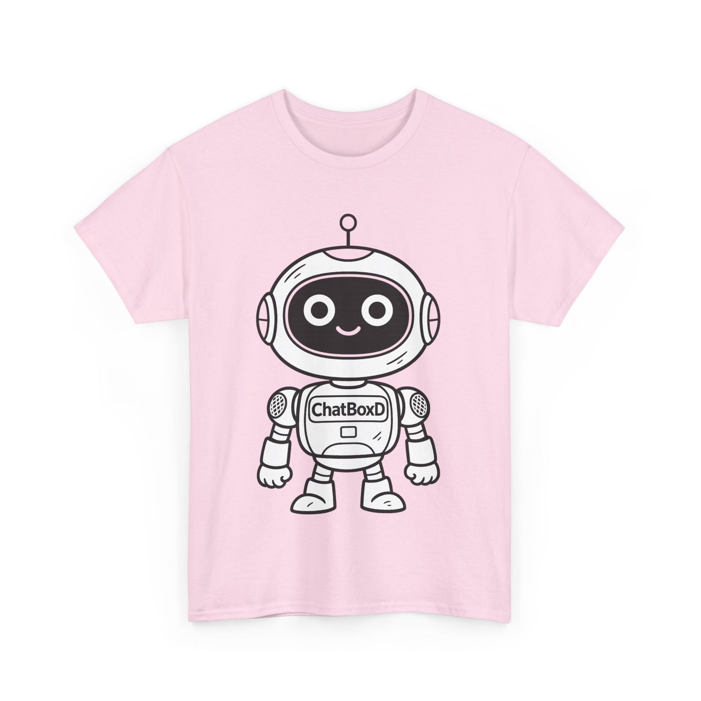 Pink t-shirt with a robot graphic and 'ChatBoxD' text on a white background