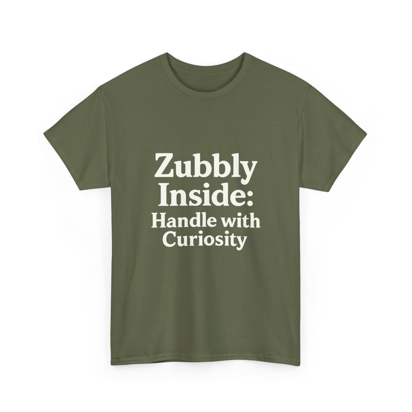 Green t-shirt with white text on a white background