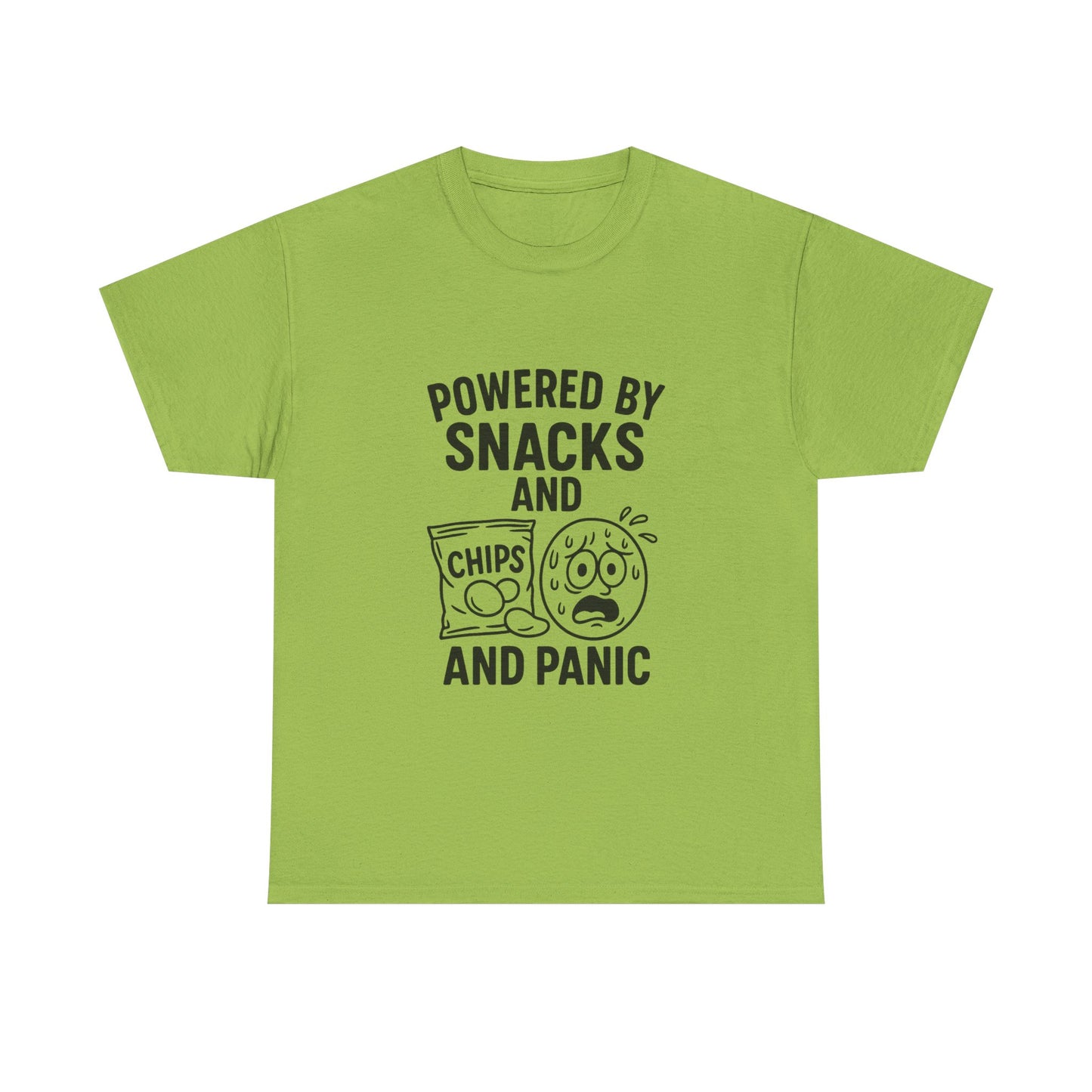 Green t-shirt with black text and graphic on a white background