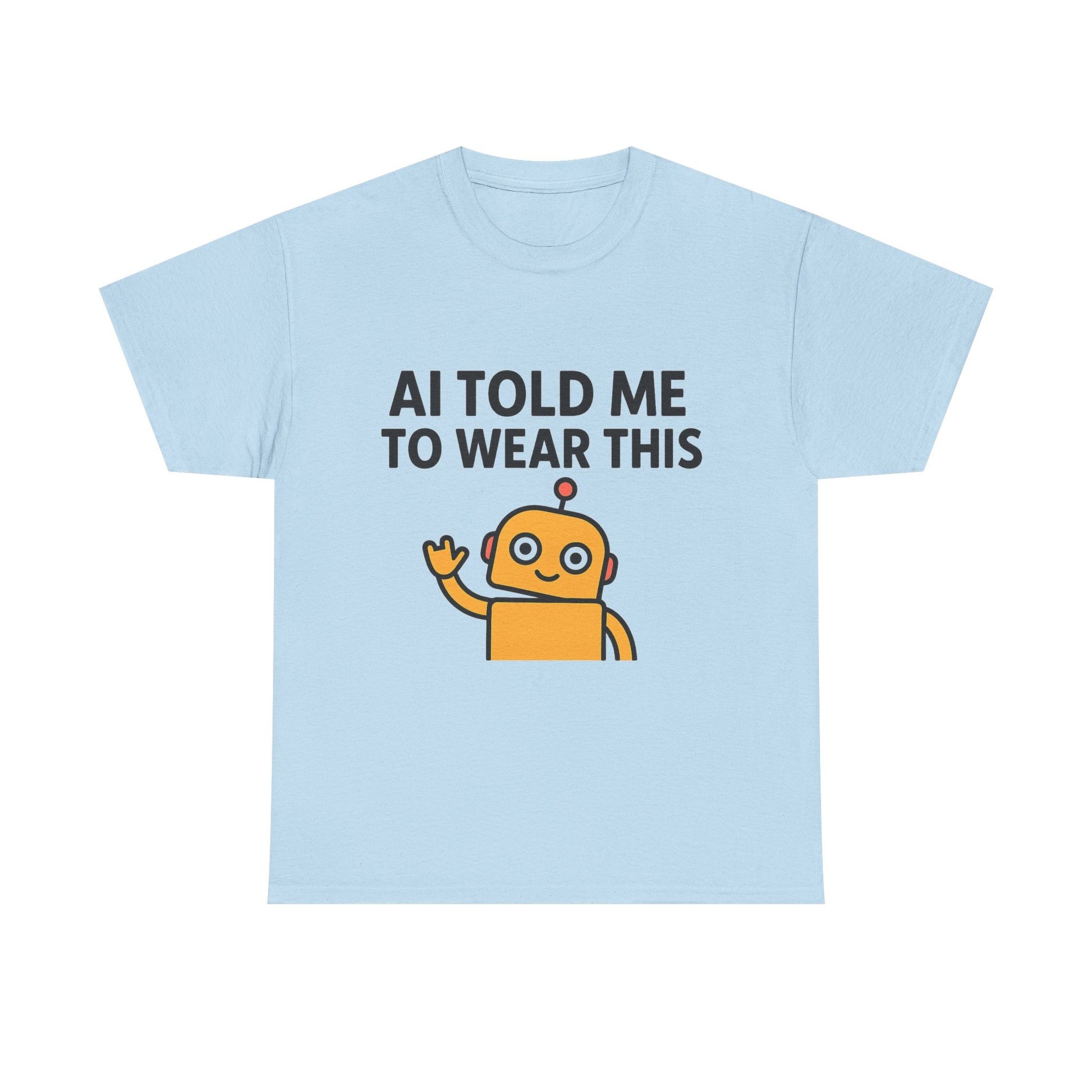 Light blue t-shirt with a robot graphic and text on a white background