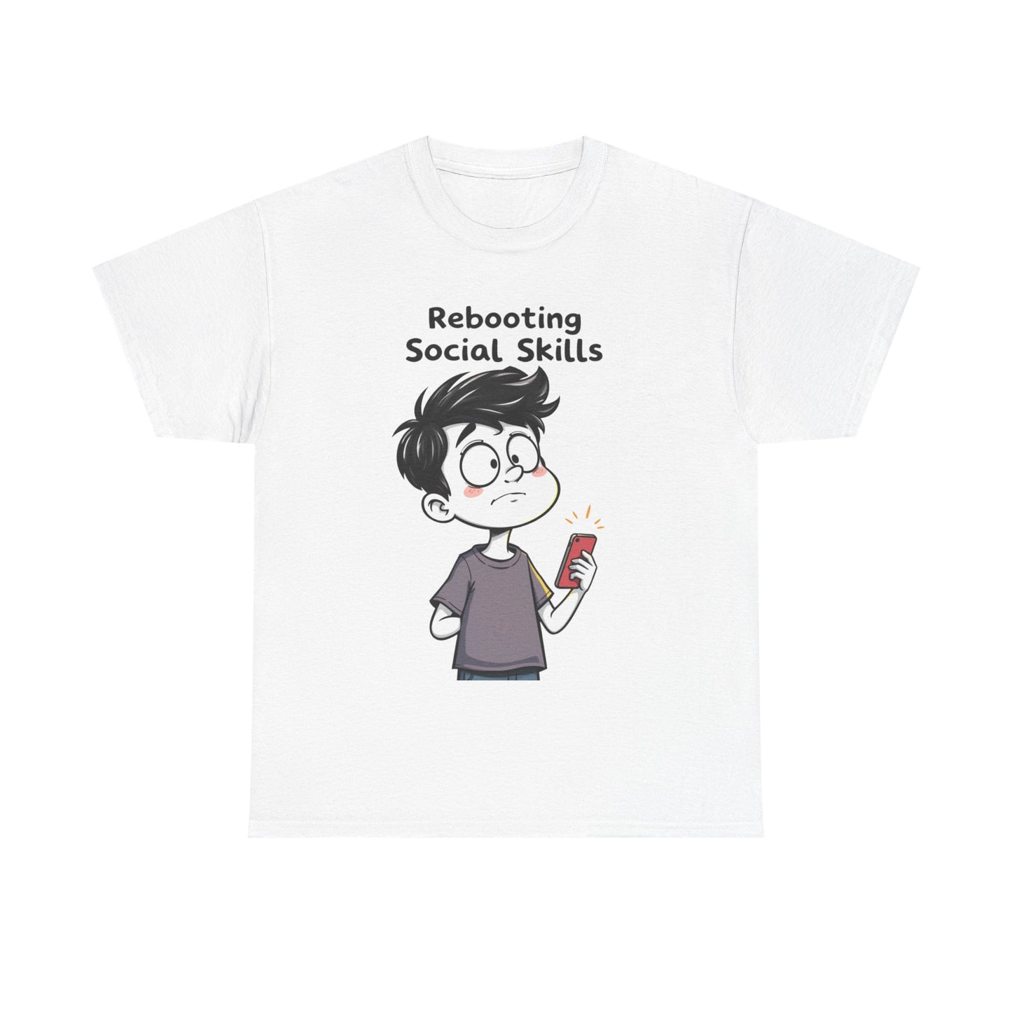 Funny AI-themed white t-shirt with cartoon character and ‘Rebooting Social Skills’ text on white background