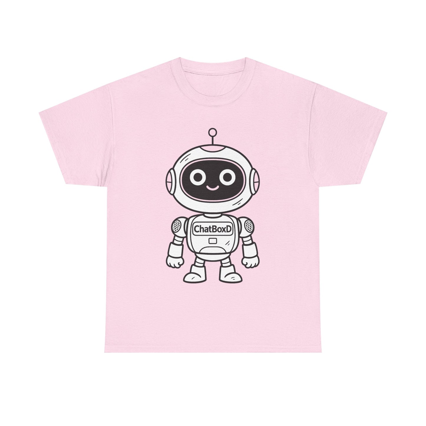 Pink t-shirt with a robot graphic and 'ChatBoxD' text on a white background