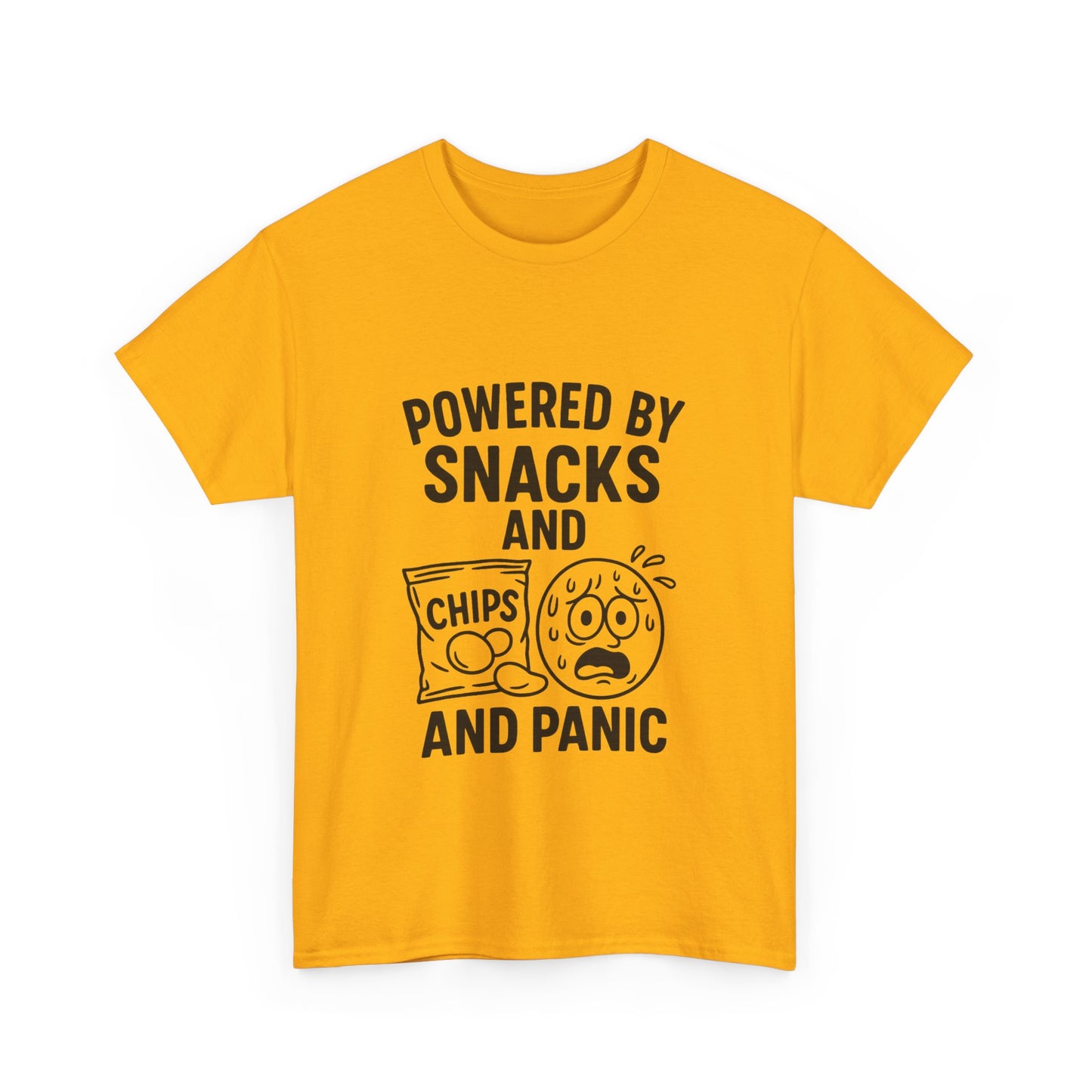 Yellow t-shirt with black text and graphics on a white background