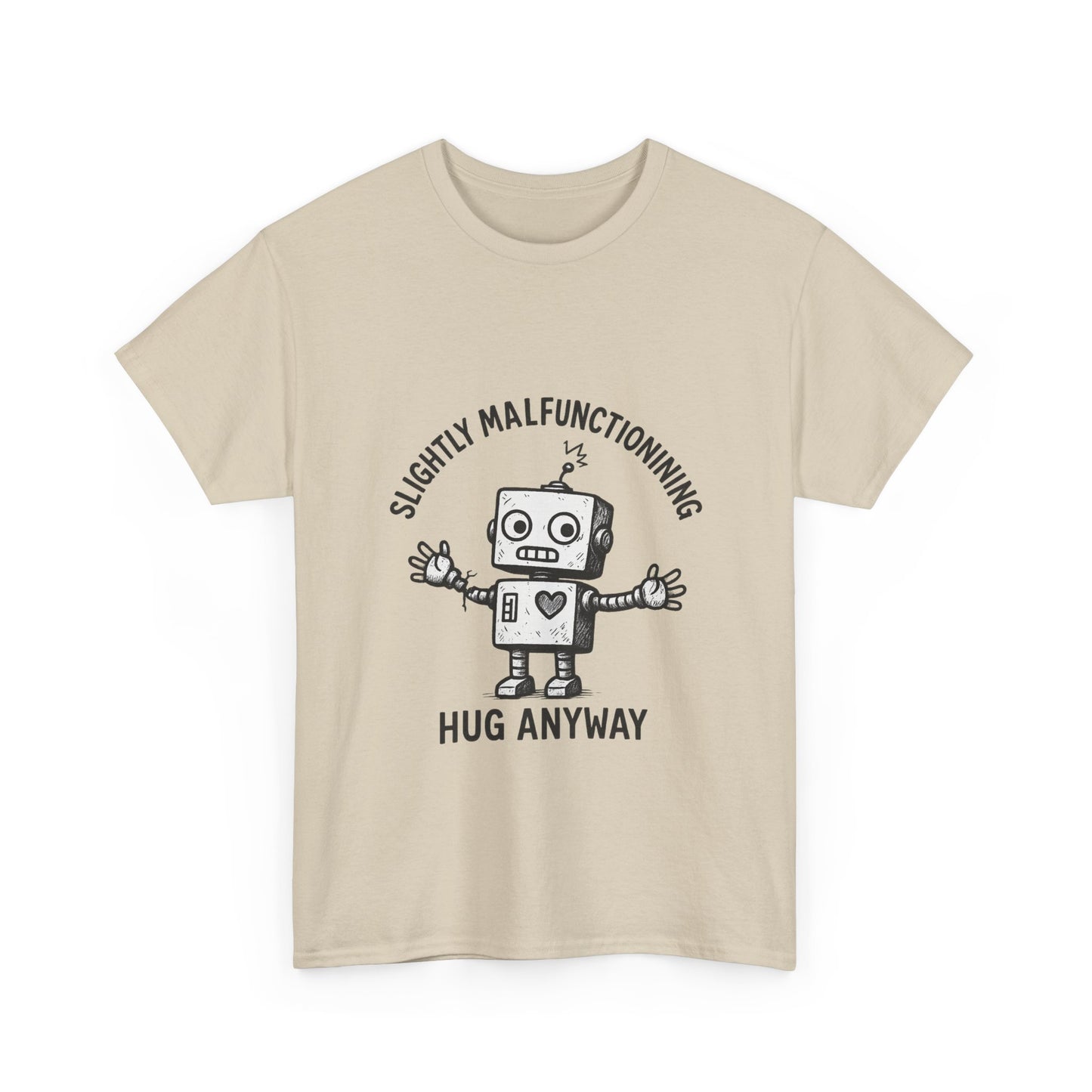 Beige t-shirt with a robot graphic and text on a white background