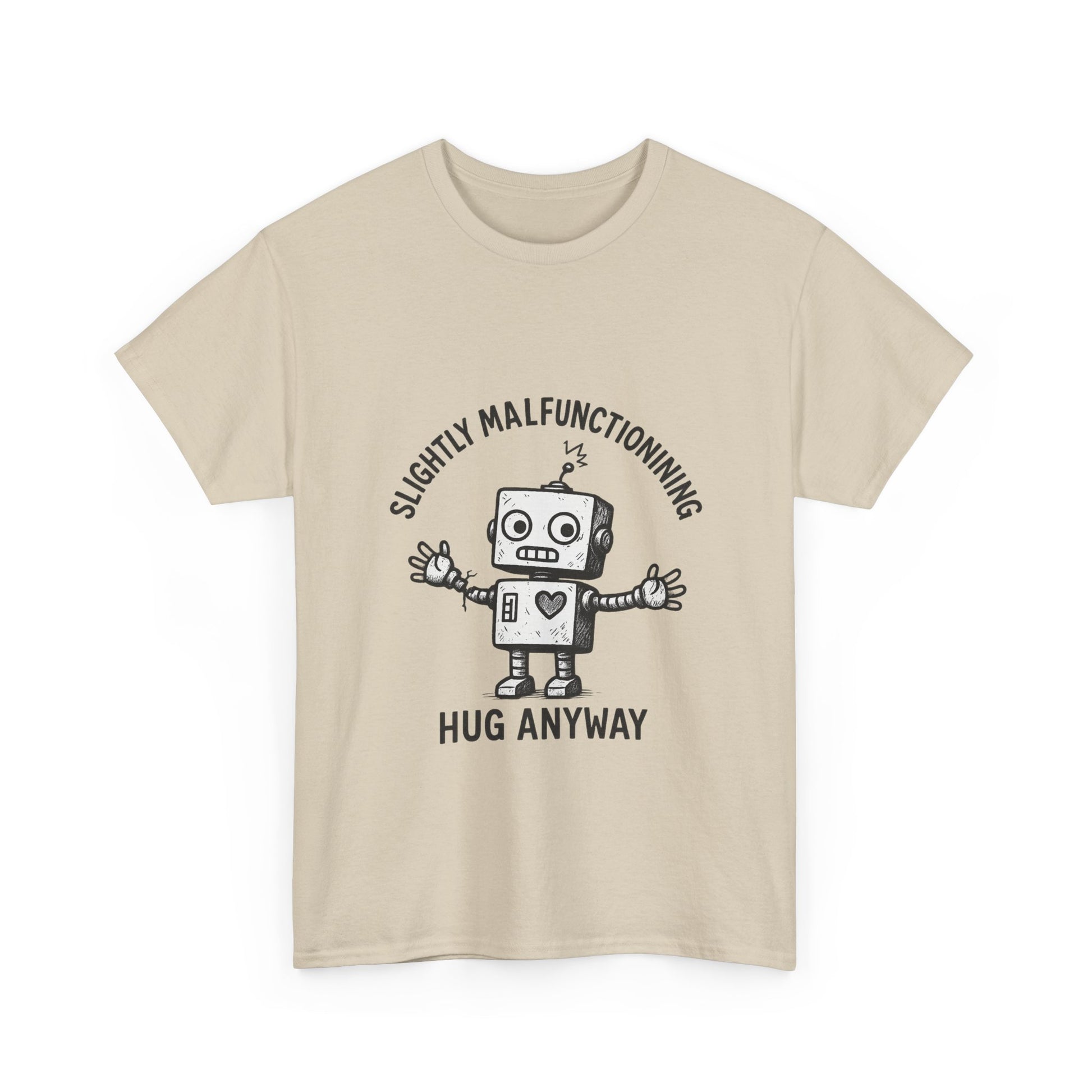 Beige t-shirt with a robot graphic and text on a white background