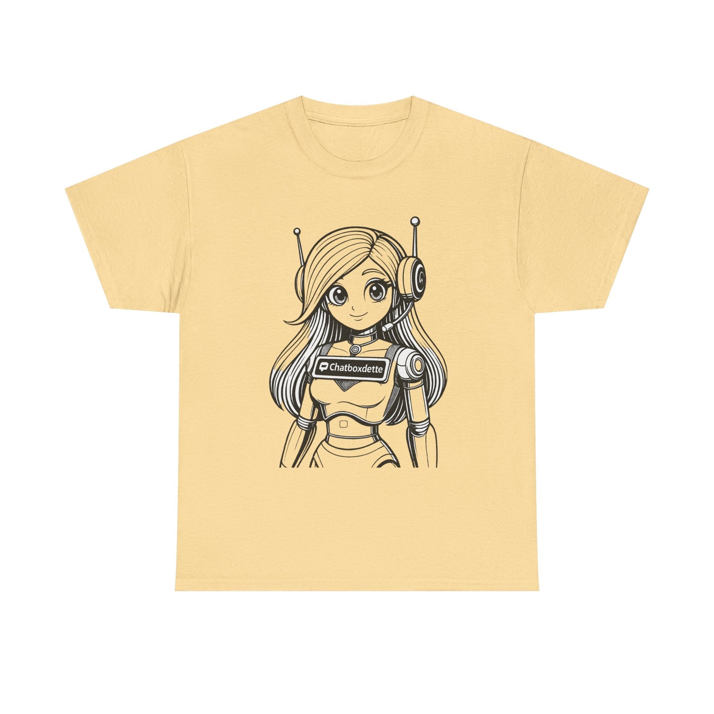 Yellow t-shirt with a robot girl graphic and 'ChatbotDesigns' logo on a white background