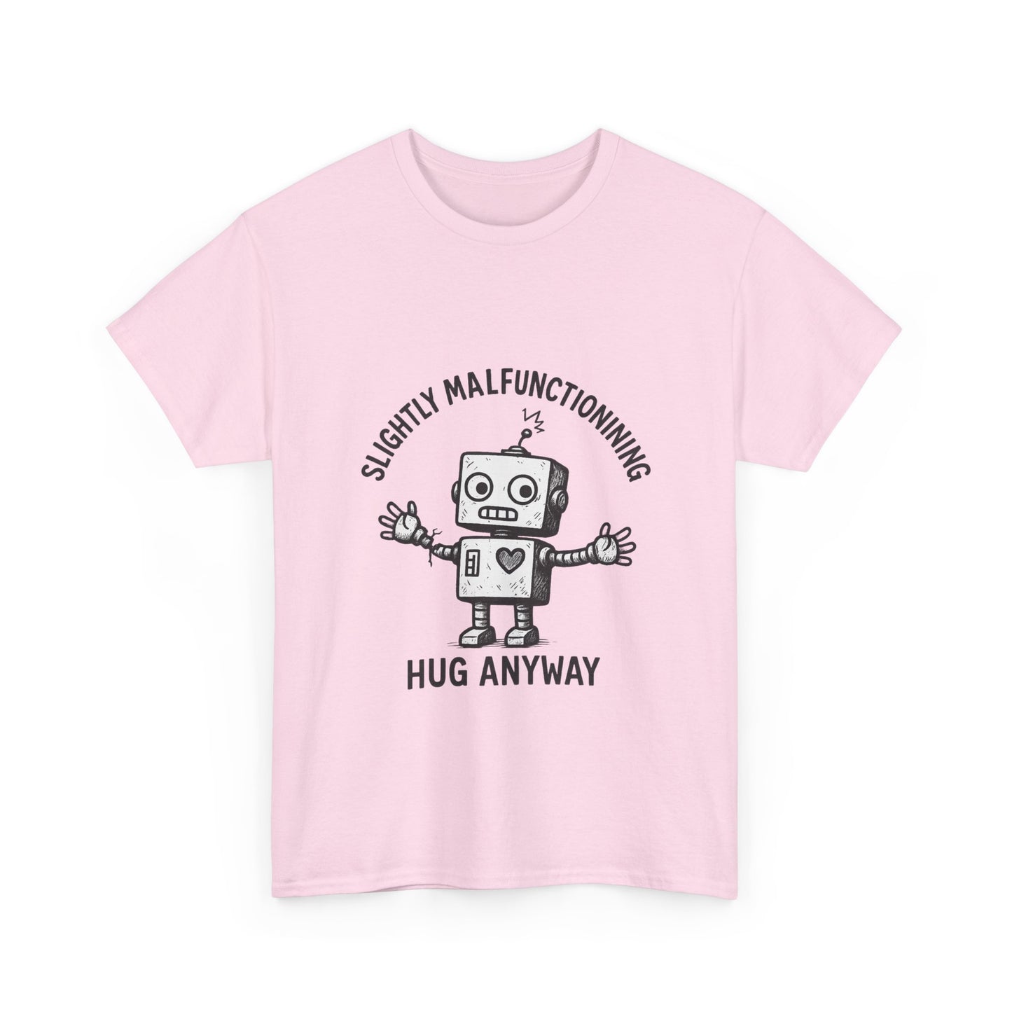 Pink t-shirt with a robot graphic and text on a white background