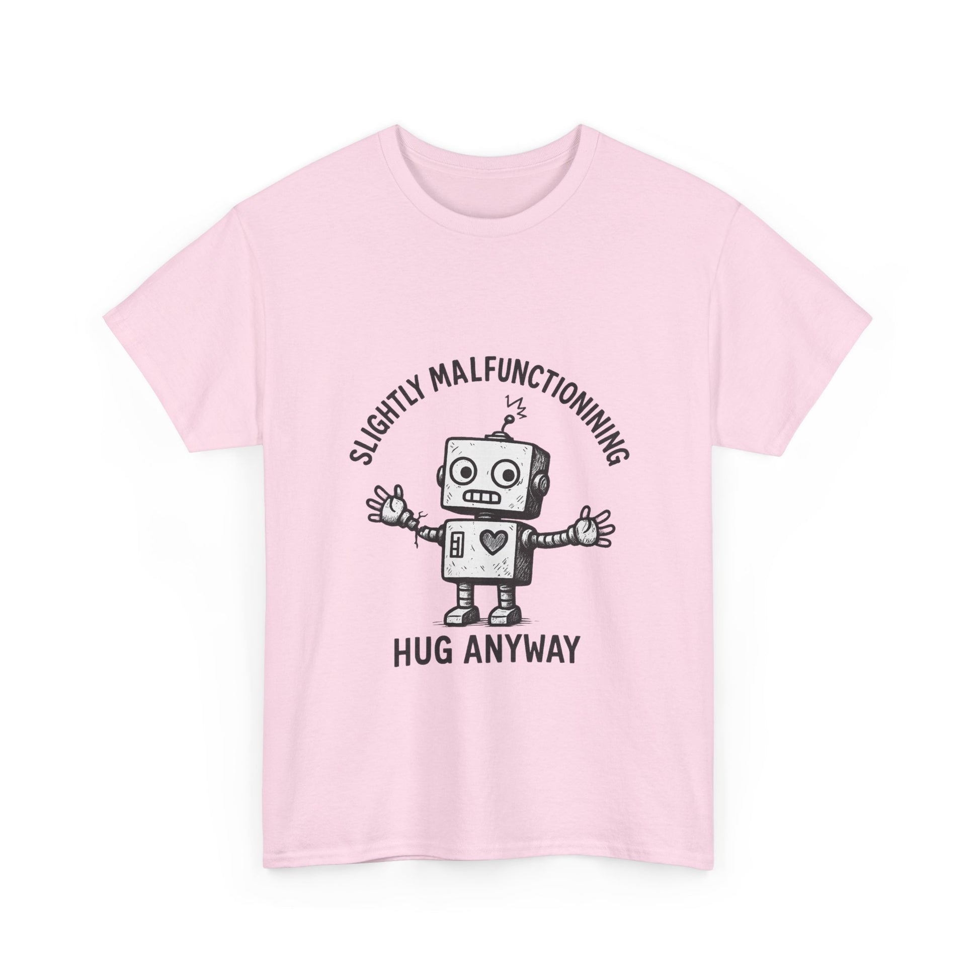 Pink t-shirt with a robot graphic and text on a white background