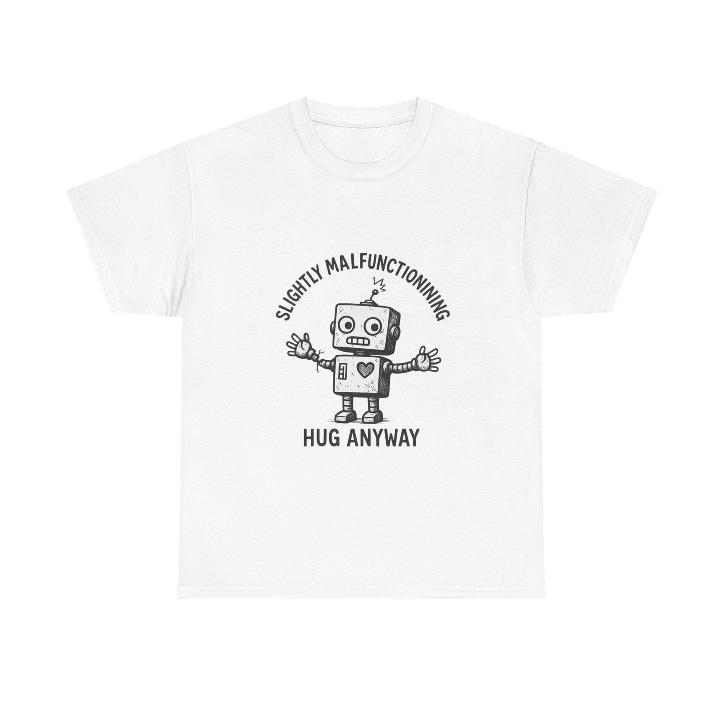 White t-shirt with a robot graphic and text on a white background